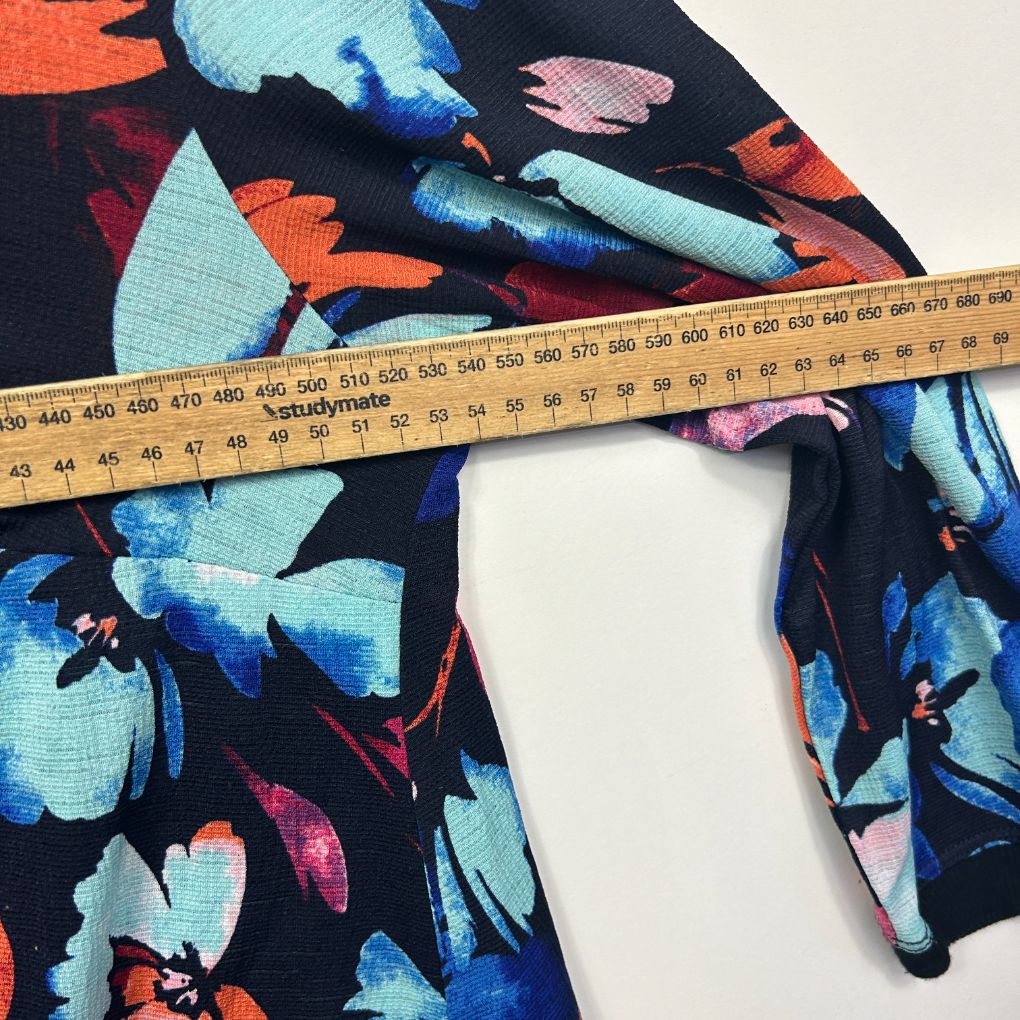 Colorful floral fabric with measurement ruler detail view