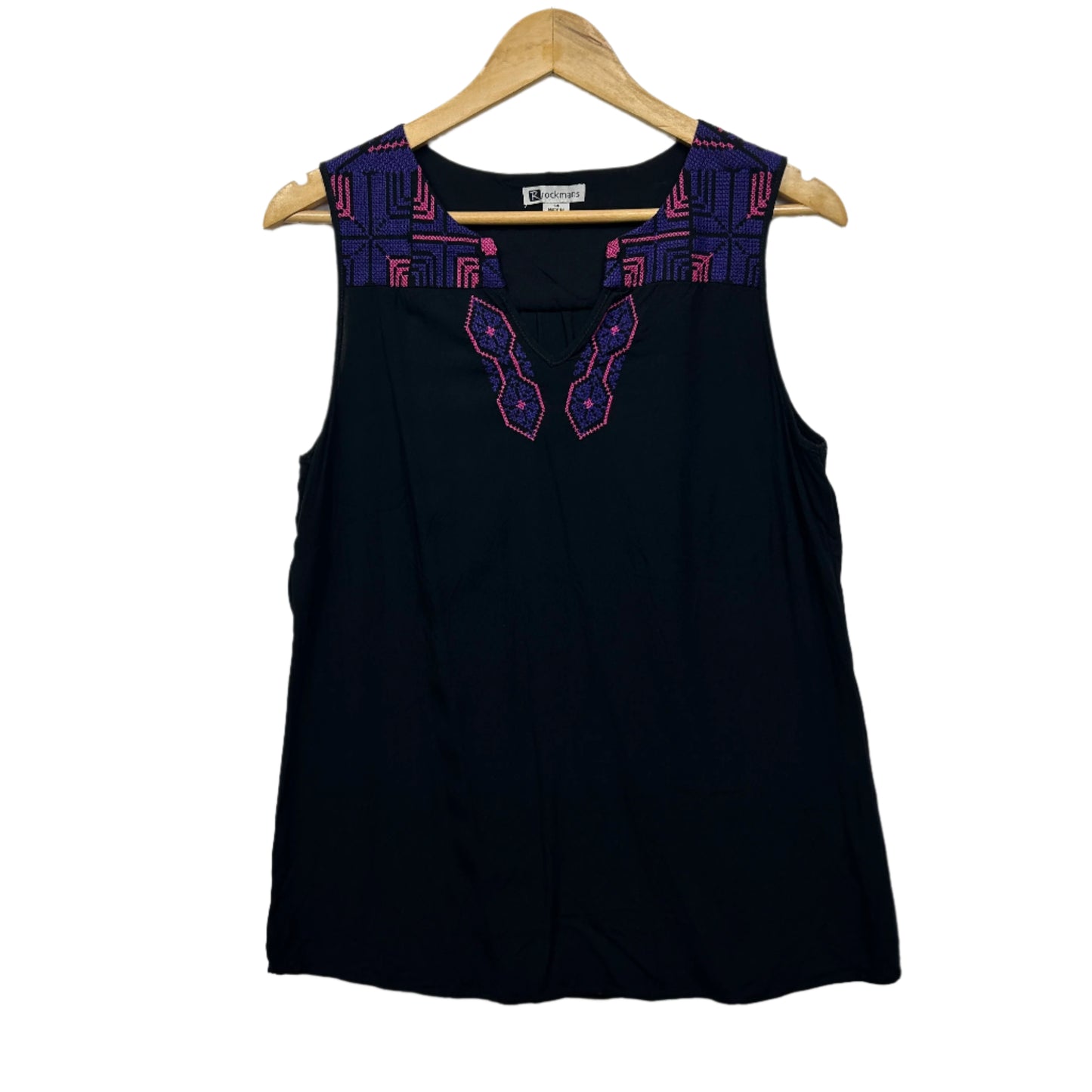 Rockmans Top Size 14 Black Sleeveless Embroidered