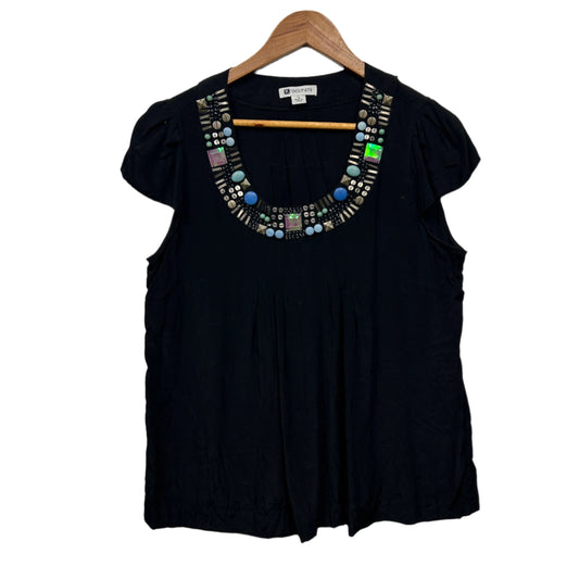 Rockmans Top Size 14 Black Beaded Short Sleeve
