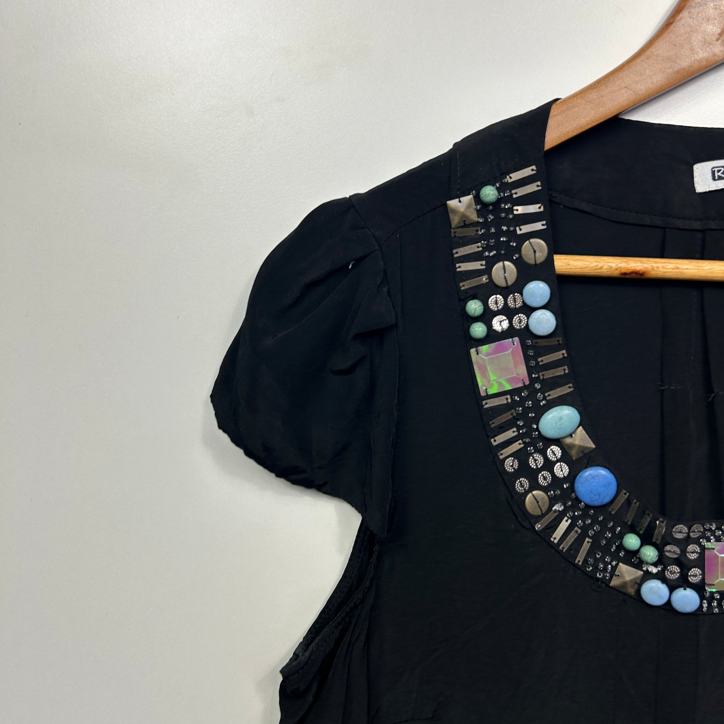 Rockmans Top Size 14 Black Beaded Short Sleeve