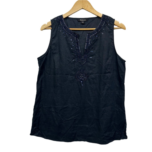 Rockmans Linen Top Size 14 Black Sleeveless Beaded