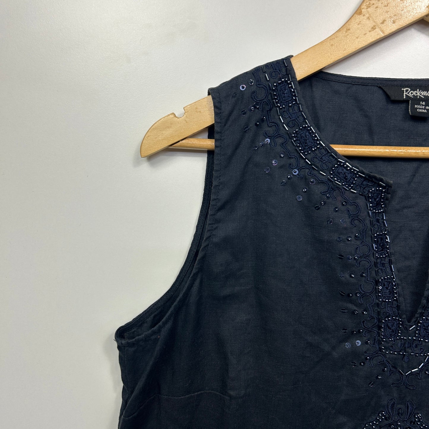 Rockmans Linen Top Size 14 Black Sleeveless Beaded