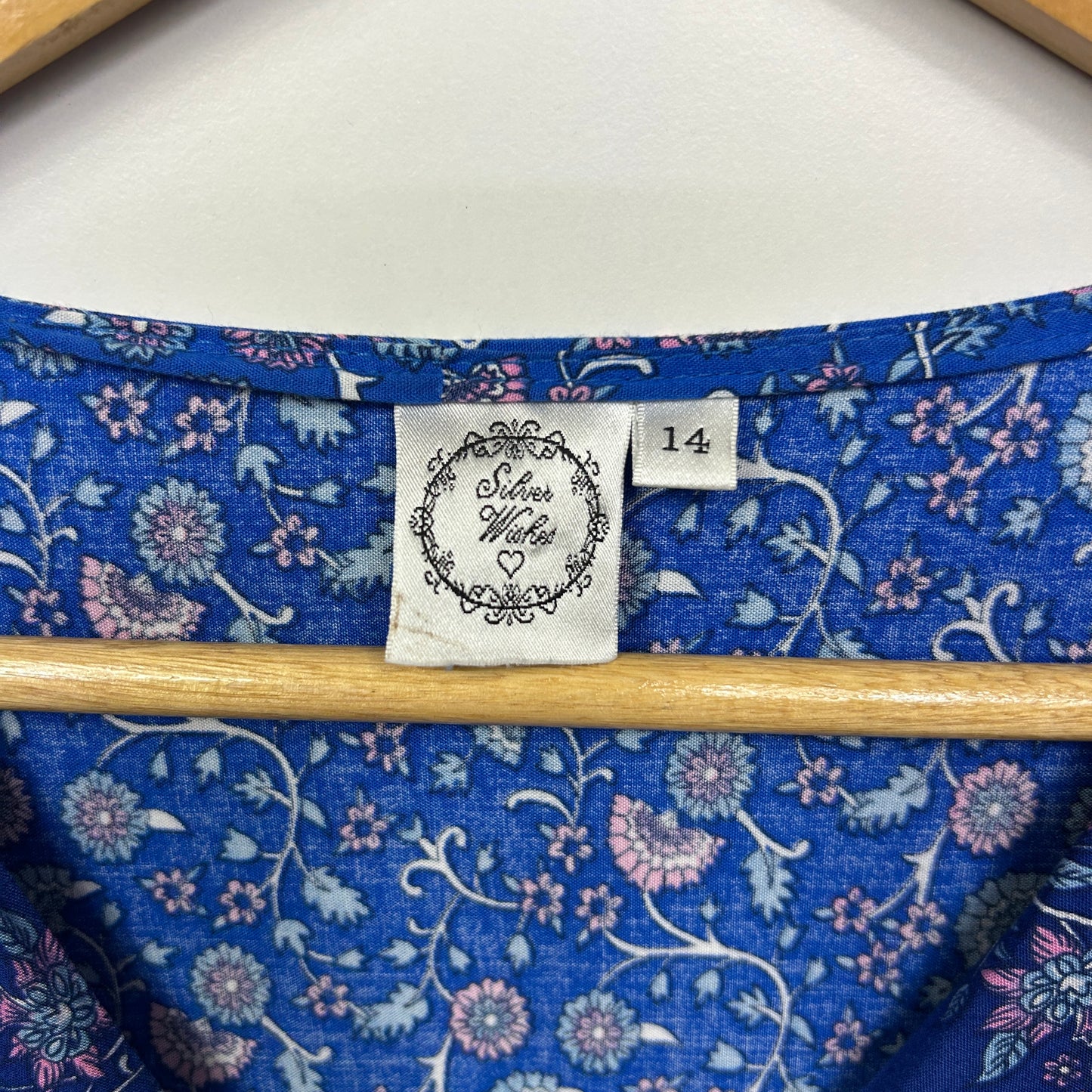 Silver Wishes Dress Size 14 Boho Floral Blue Short Sleeve Rayon