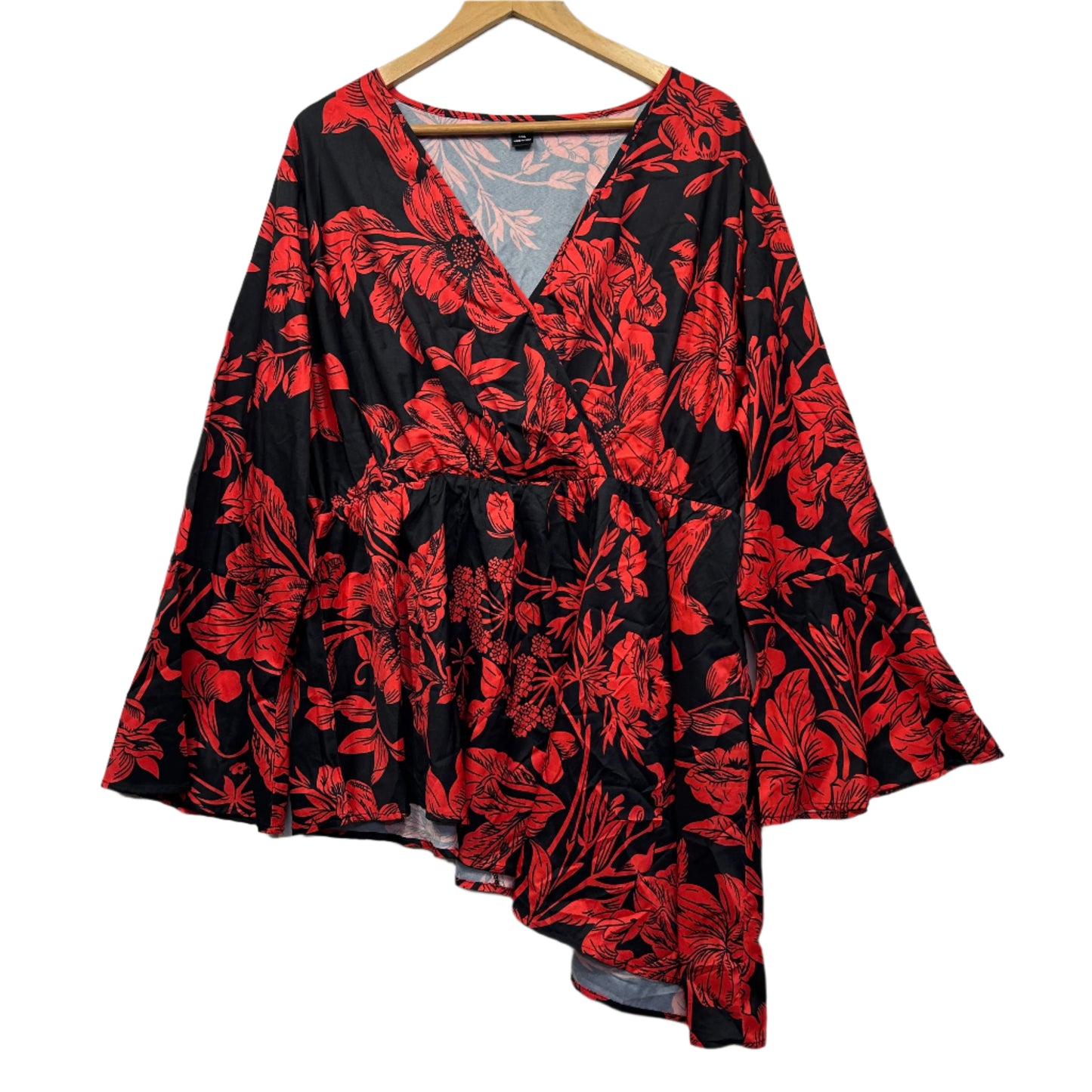 Shein Curve Top Size 18 20 Black Red Floral Asymmetric Hem Bell Sleeve