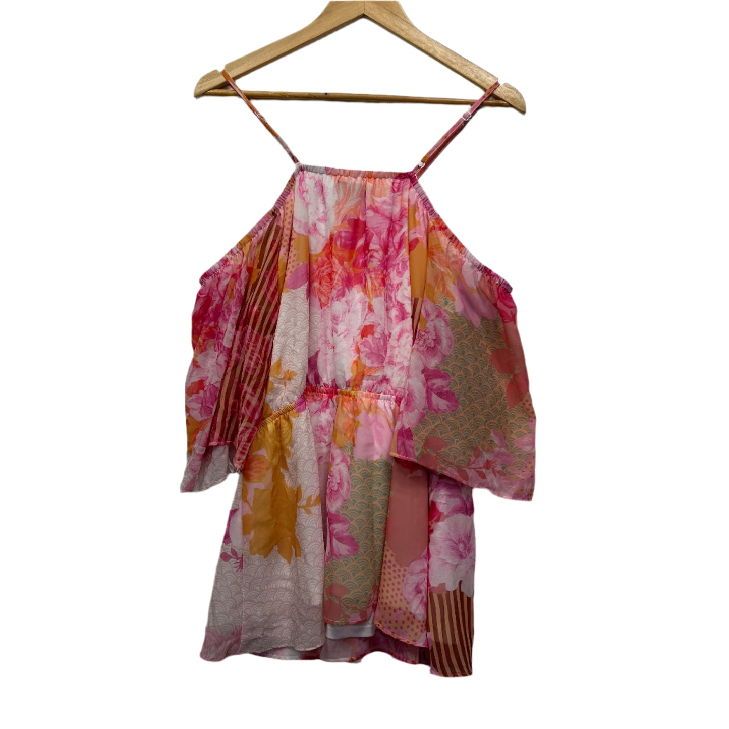City Chic Top Size 14 XS Plus Floral Cold Shoulder Sleeve Pleated Pink Cut Out