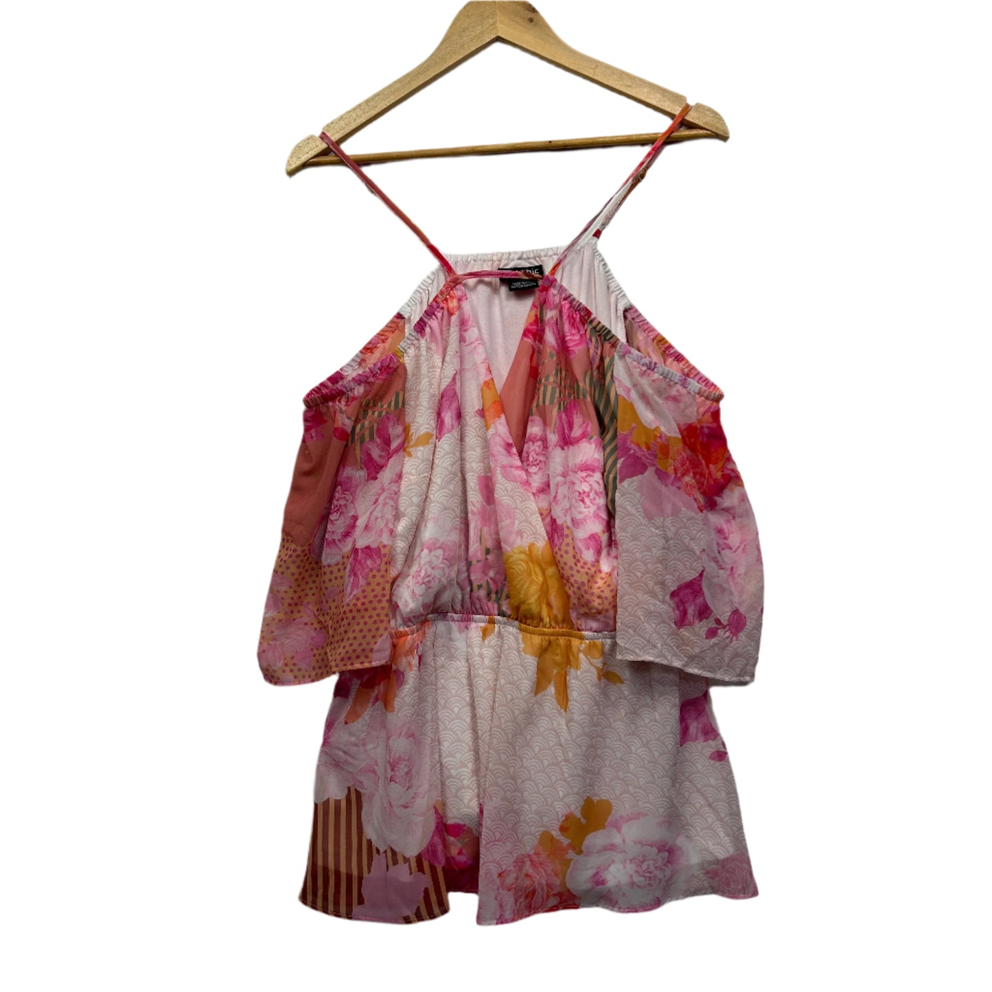 City Chic Top Size 14 XS Plus Floral Cold Shoulder Sleeve Pleated Pink Cut Out