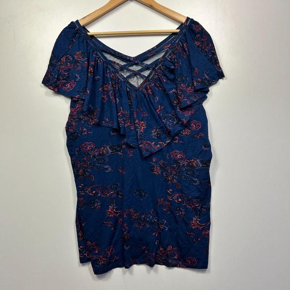 Beme Navy Floral Ruffle Top - Size 18/M