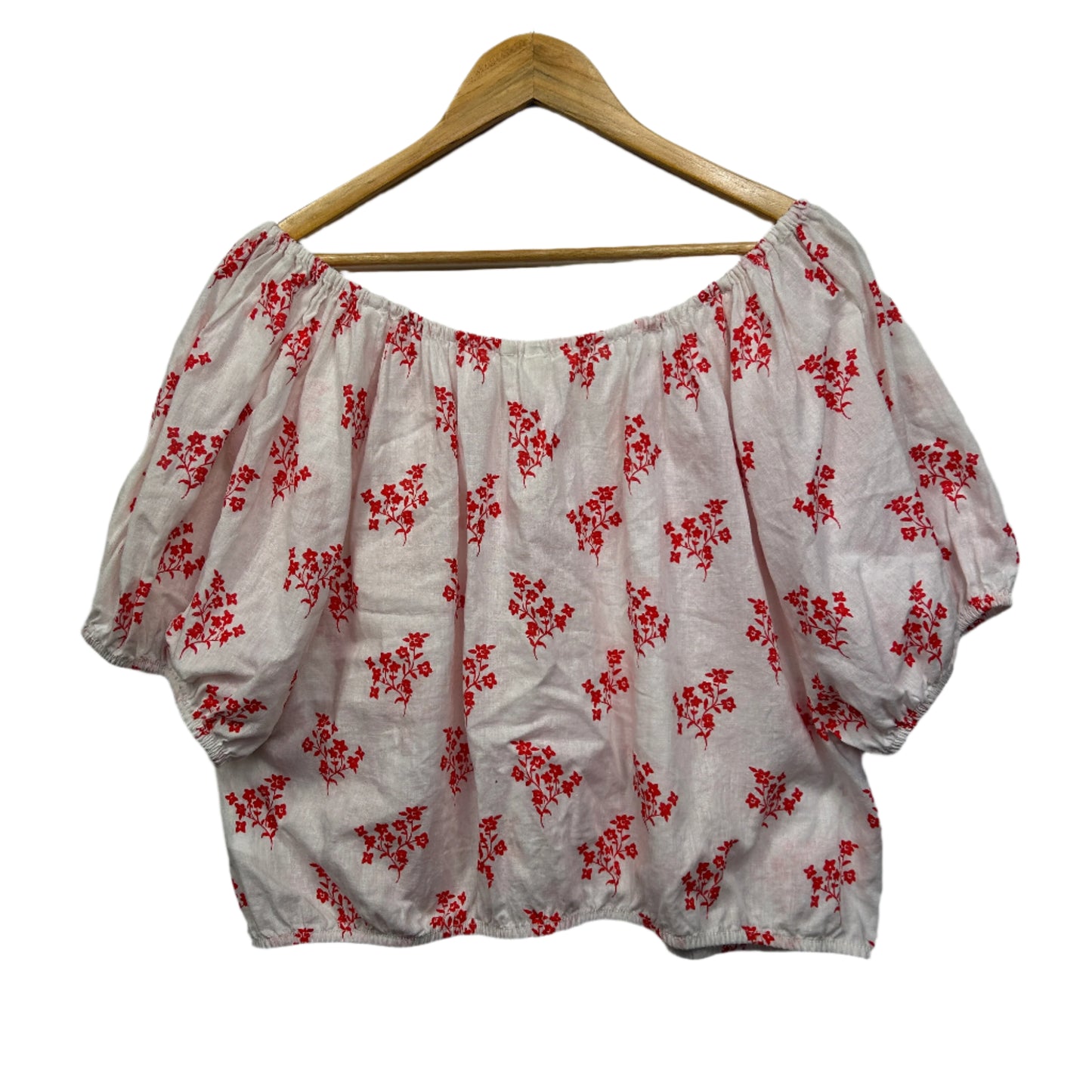 H&M Crop Top Size 14 16 Red White Floral Short Sleeve Linen Blend