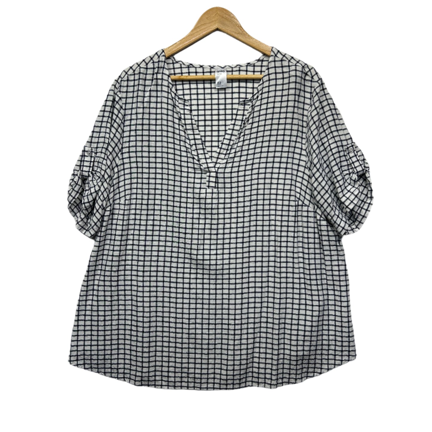 Anko Curve Top SIze 22 White Check Roll Tab Sleeve Viscose
