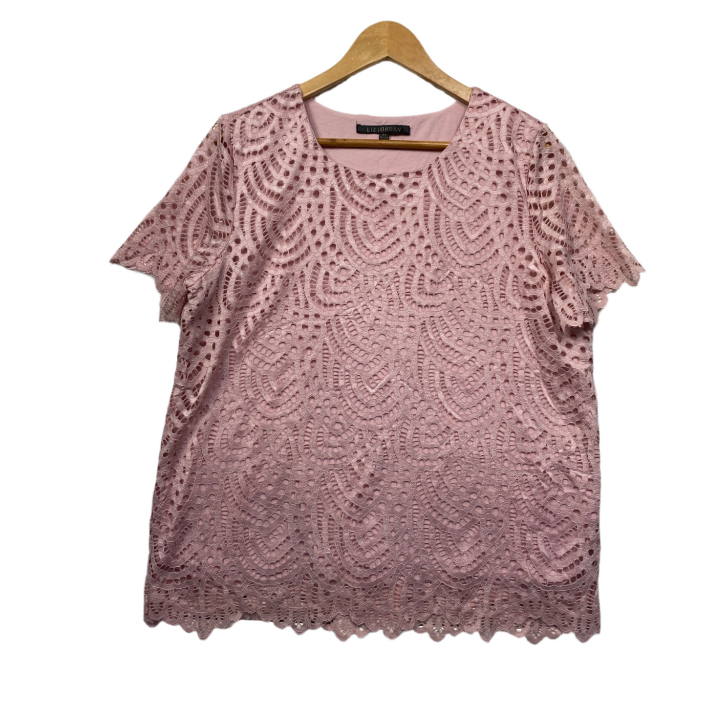 Liz Jordan Top Size XL Pink Lace Crochet Overlay Short Sleeve Nylon