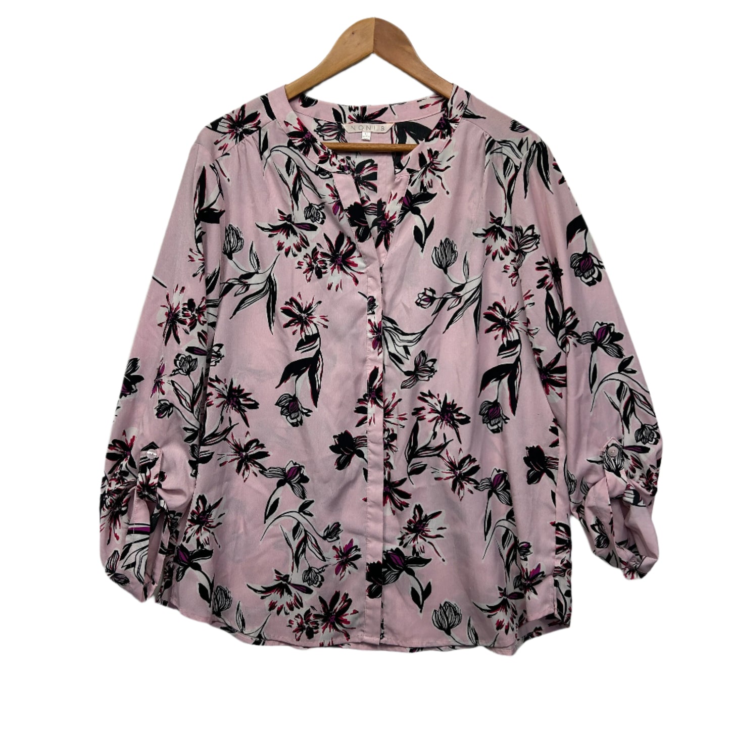 Noni B Top Size 16 Pink Floral Roll Tab Sleeve