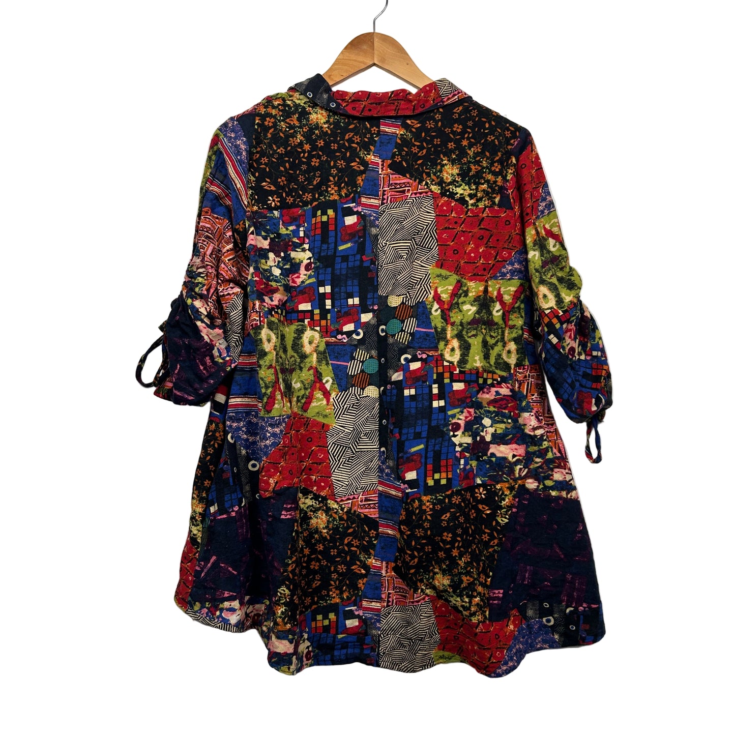 Hourglass Tunic Top Size 14 16 Multicoloured Linen Blend Ruched Sleeve Pockets Patchwork