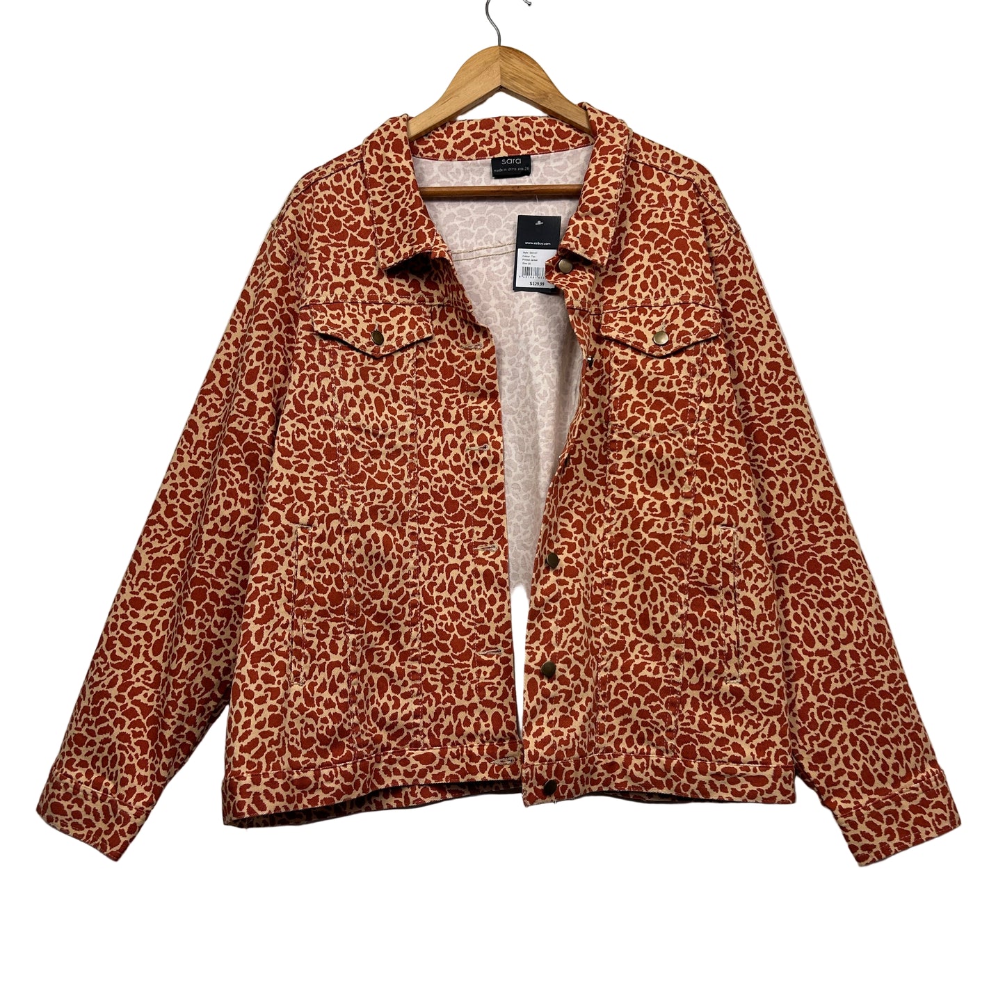 New Sara Womens Jacket Size 26 Animal Print Tan Long Sleeve Heavy Cotton Pockets