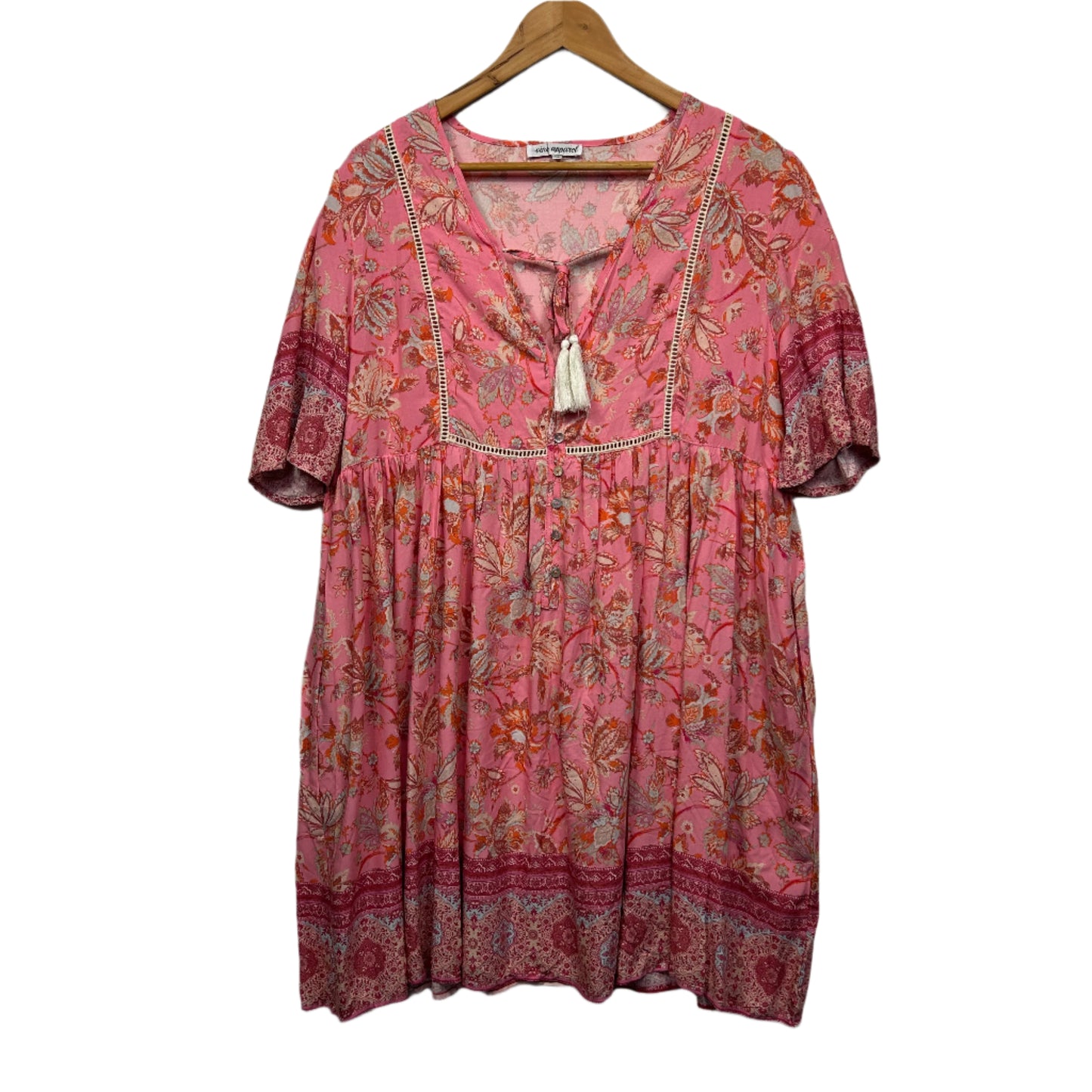 Vine Apparel Boho Dress Size 16 Pink Rayon Short Sleeve Pockets