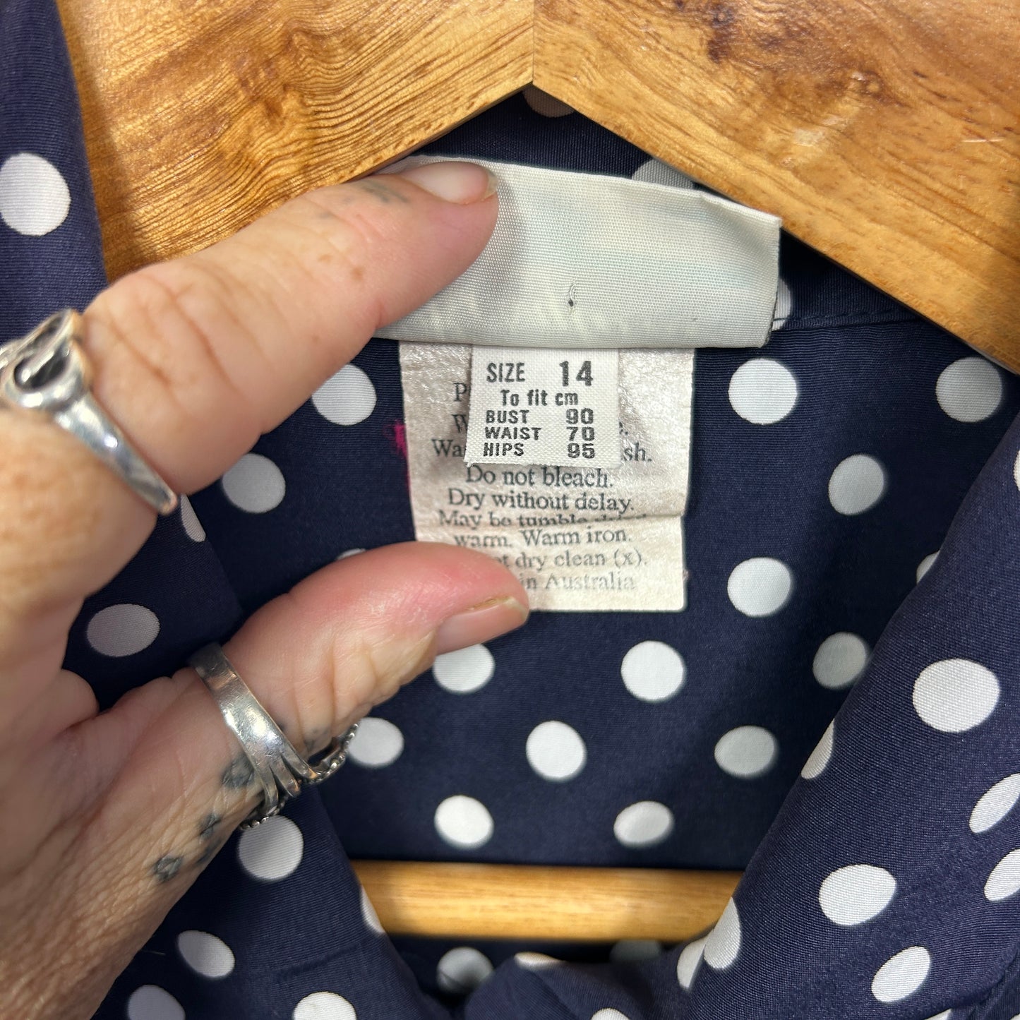 Vintage Rosyland Top Size 14 Navy White Polka Dots Made in Australia