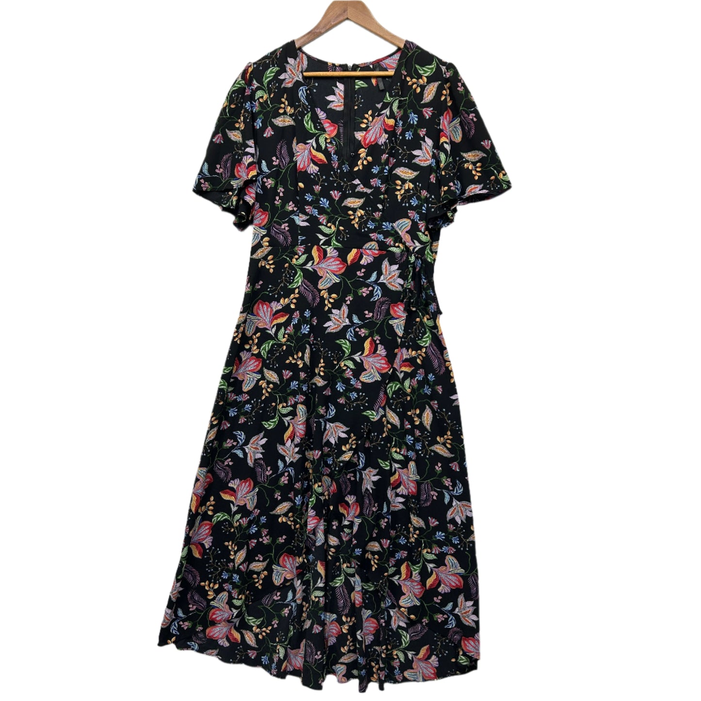Crossroads Maxi Dress Size 16 Black Floral Short Sleeve