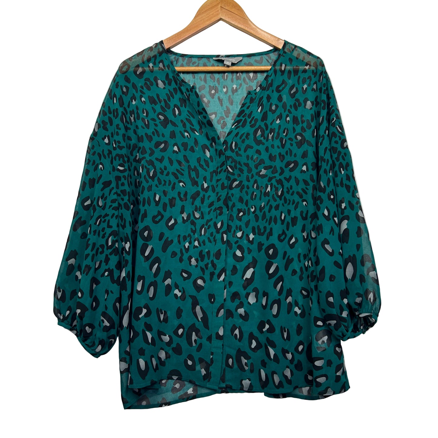 Suzanne Grae Green Black Long Sleeve V Neck Sheer Button Up Blouse Top Size 18