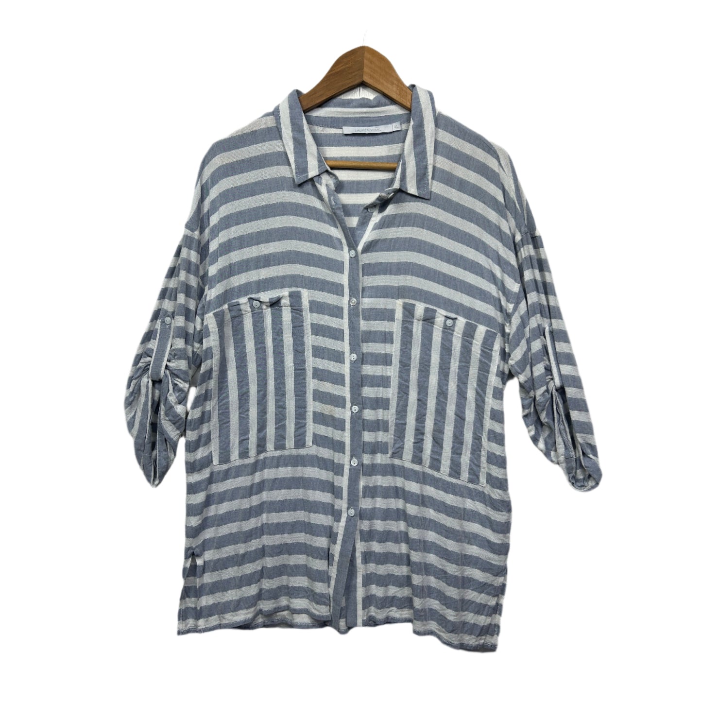 Luren Videl Top Size 16 XL Grey White Striped Button Up Viscose