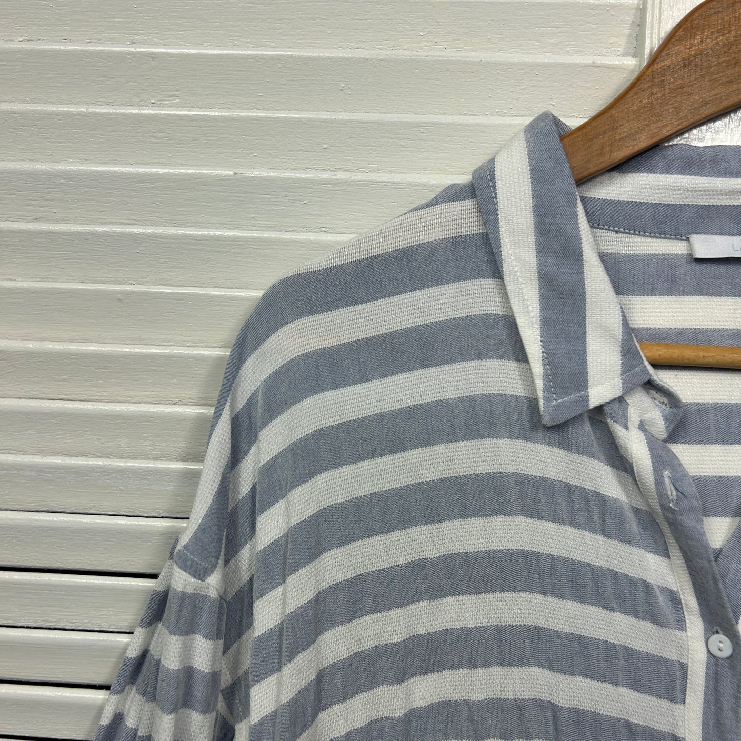 Luren Videl Top Size 16 XL Grey White Striped Button Up Viscose