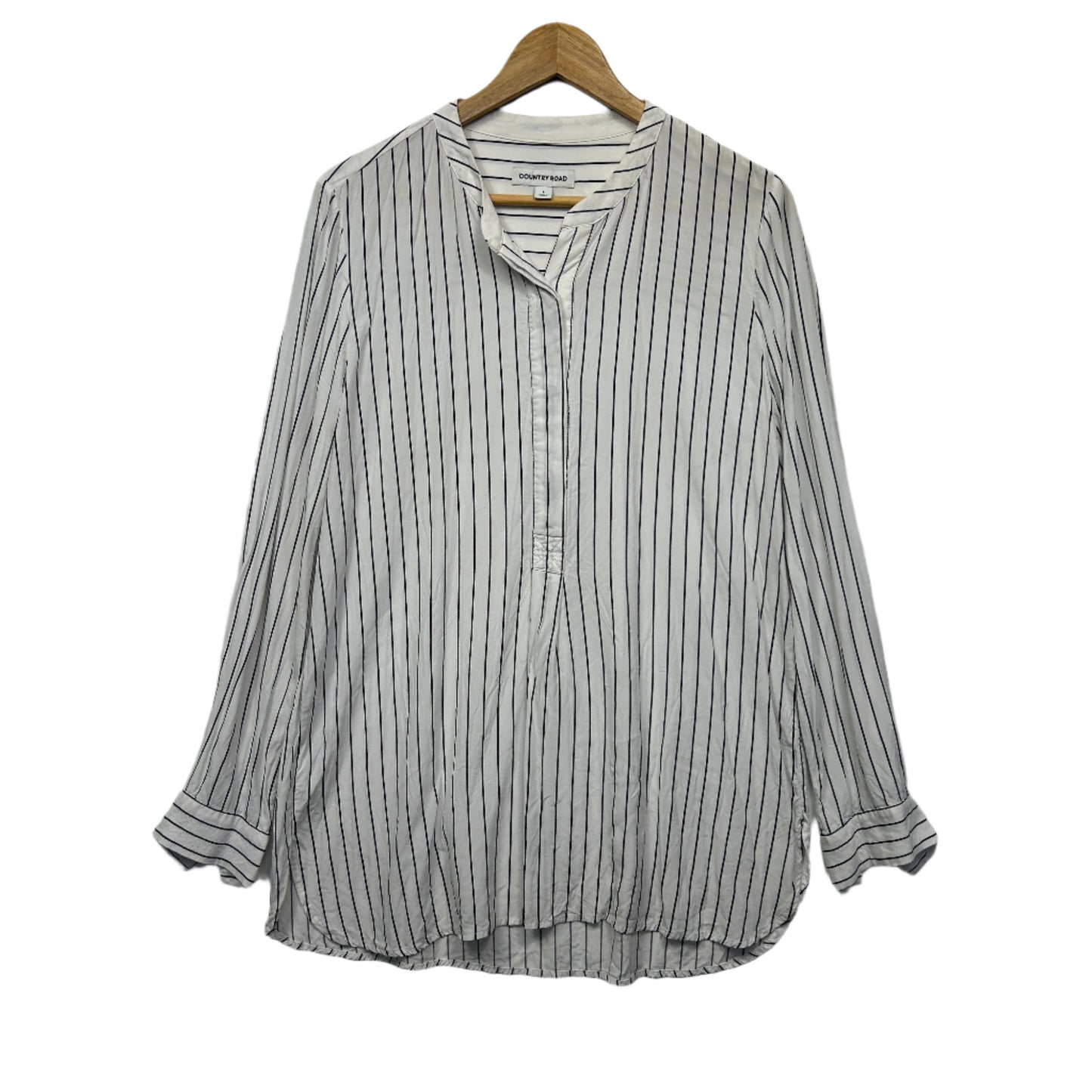Country Road Top Size Large 14 White Striped Long Sleeve Viscose
