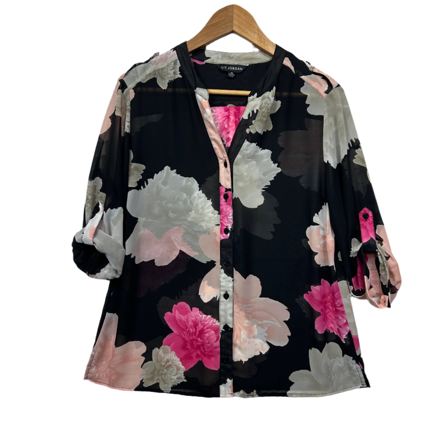 Liz Jordan Top Size 14 Black Floral Button Up Sheer