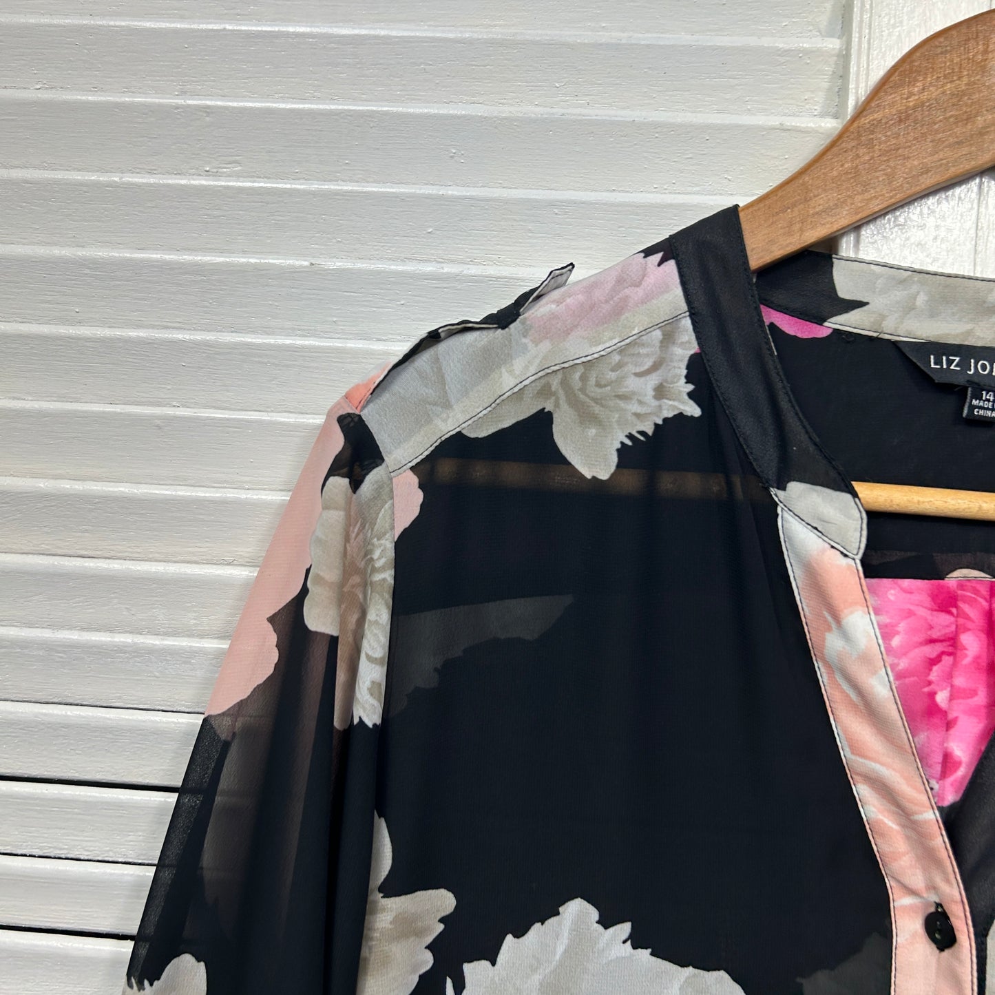 Liz Jordan Top Size 14 Black Floral Button Up Sheer