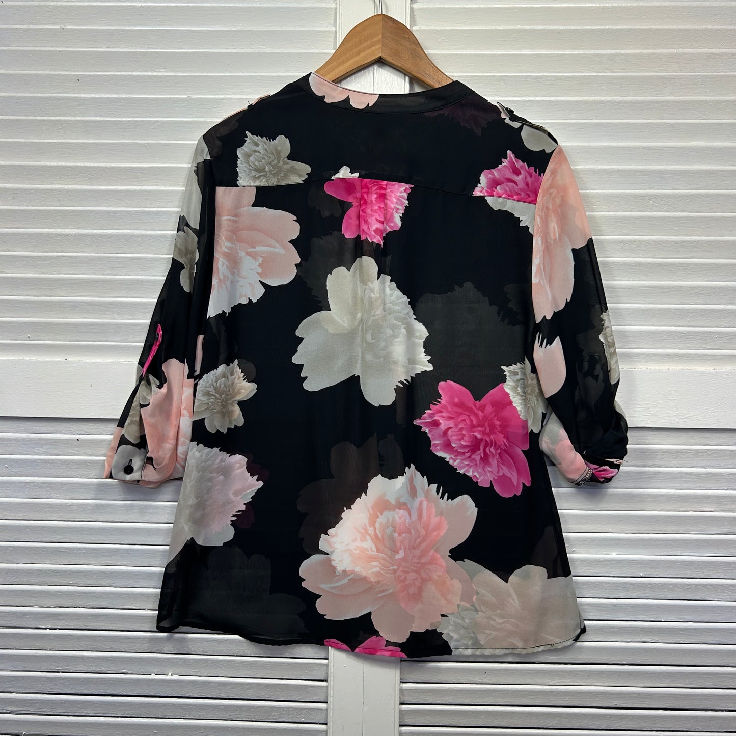 Liz Jordan Top Size 14 Black Floral Button Up Sheer