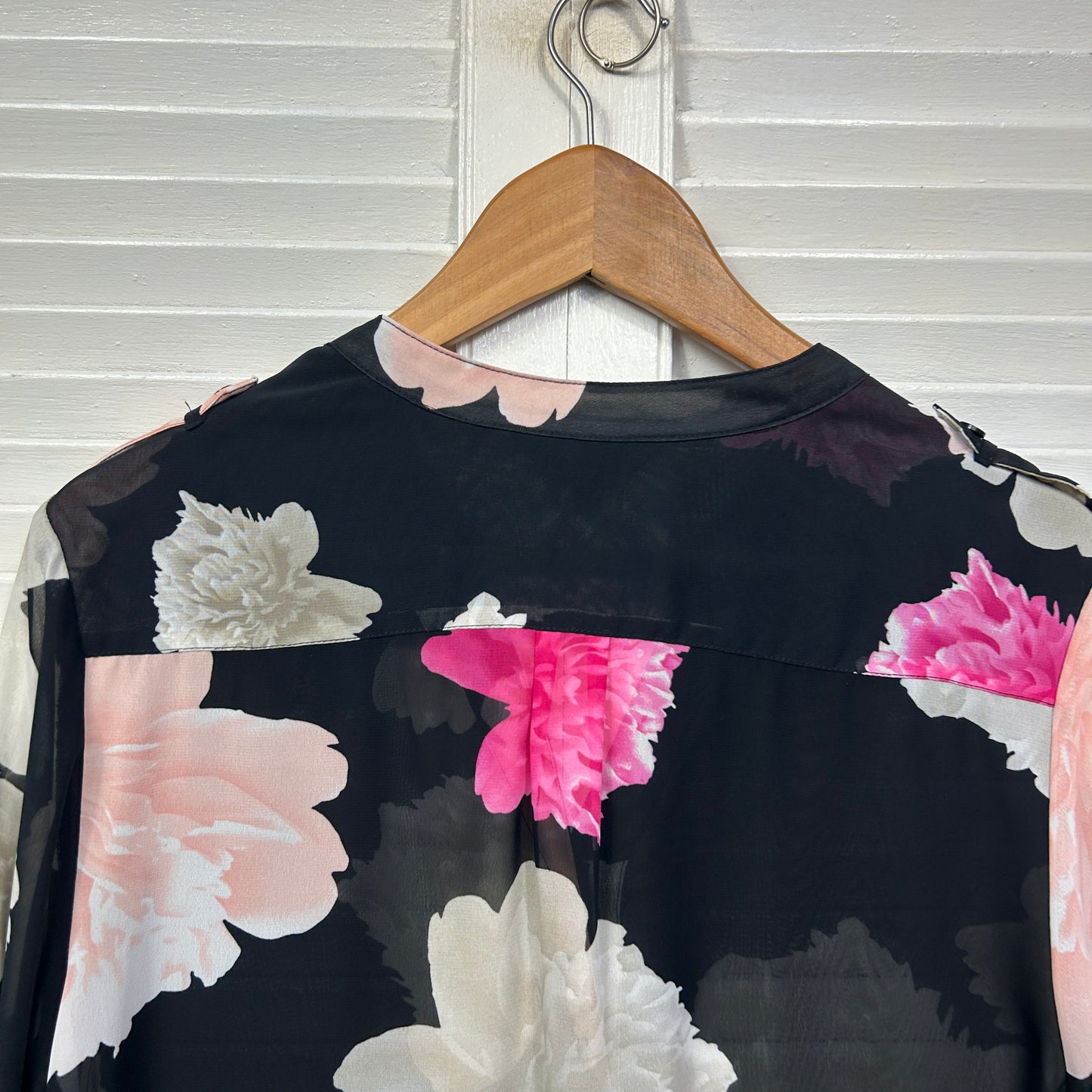 Liz Jordan Top Size 14 Black Floral Button Up Sheer