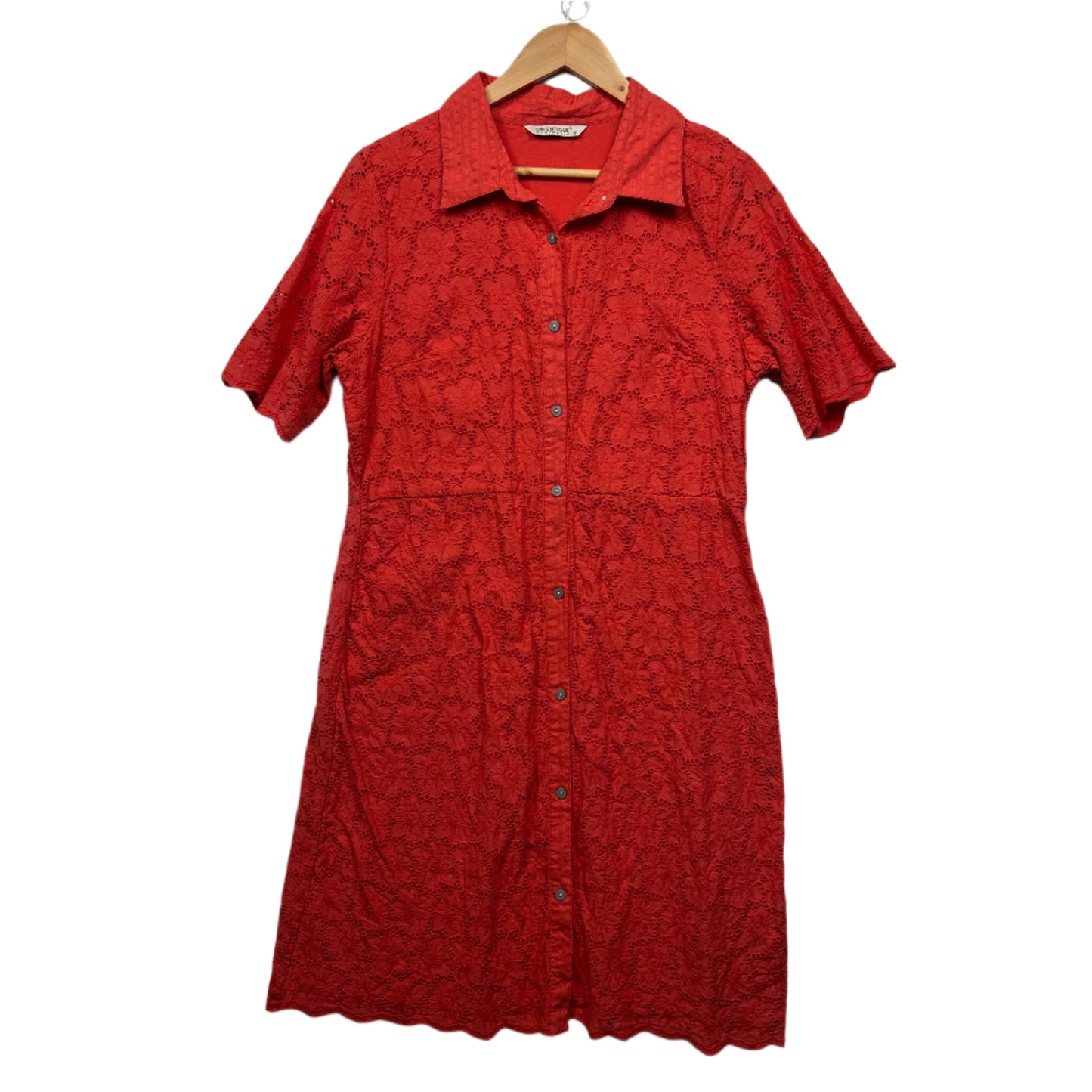 Orientque Broderie Dress Size 16 Red Button Up 100% Cotton