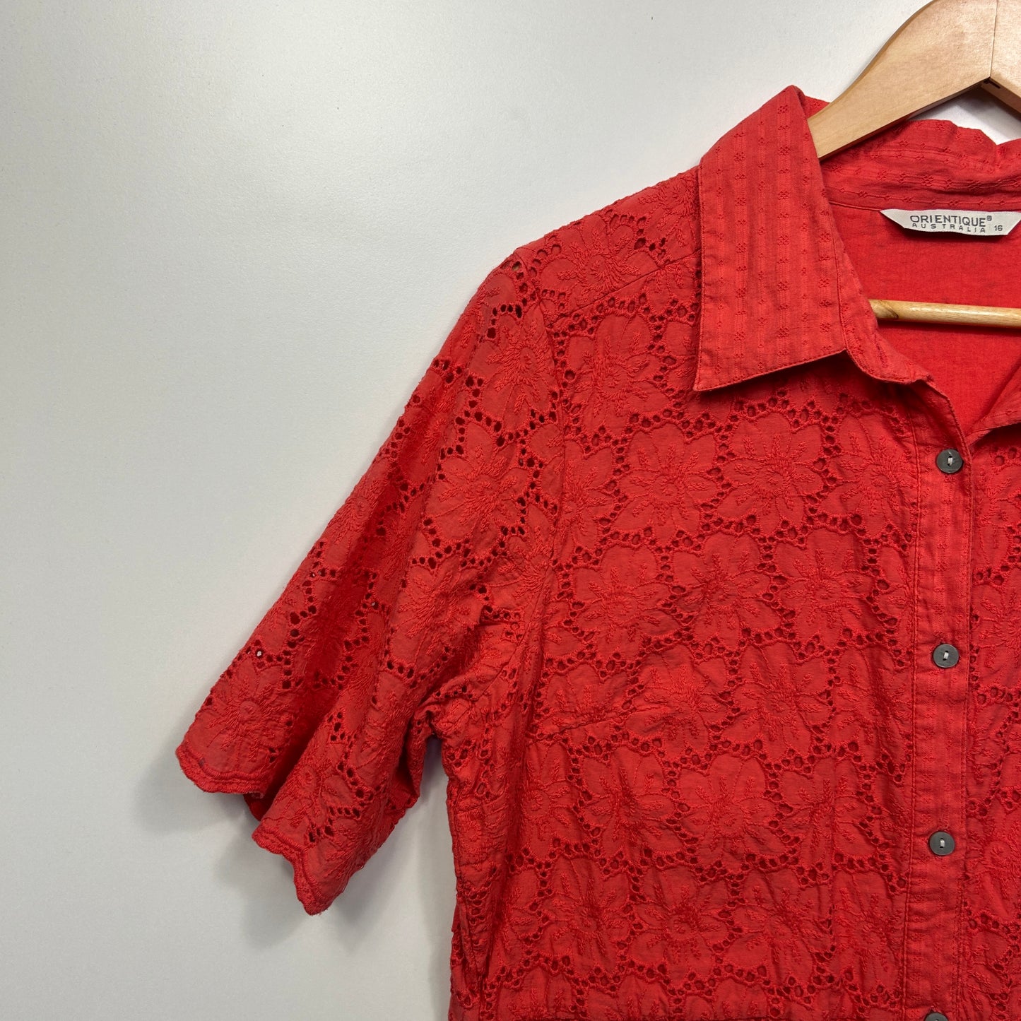 Orientque Broderie Dress Size 16 Red Button Up 100% Cotton