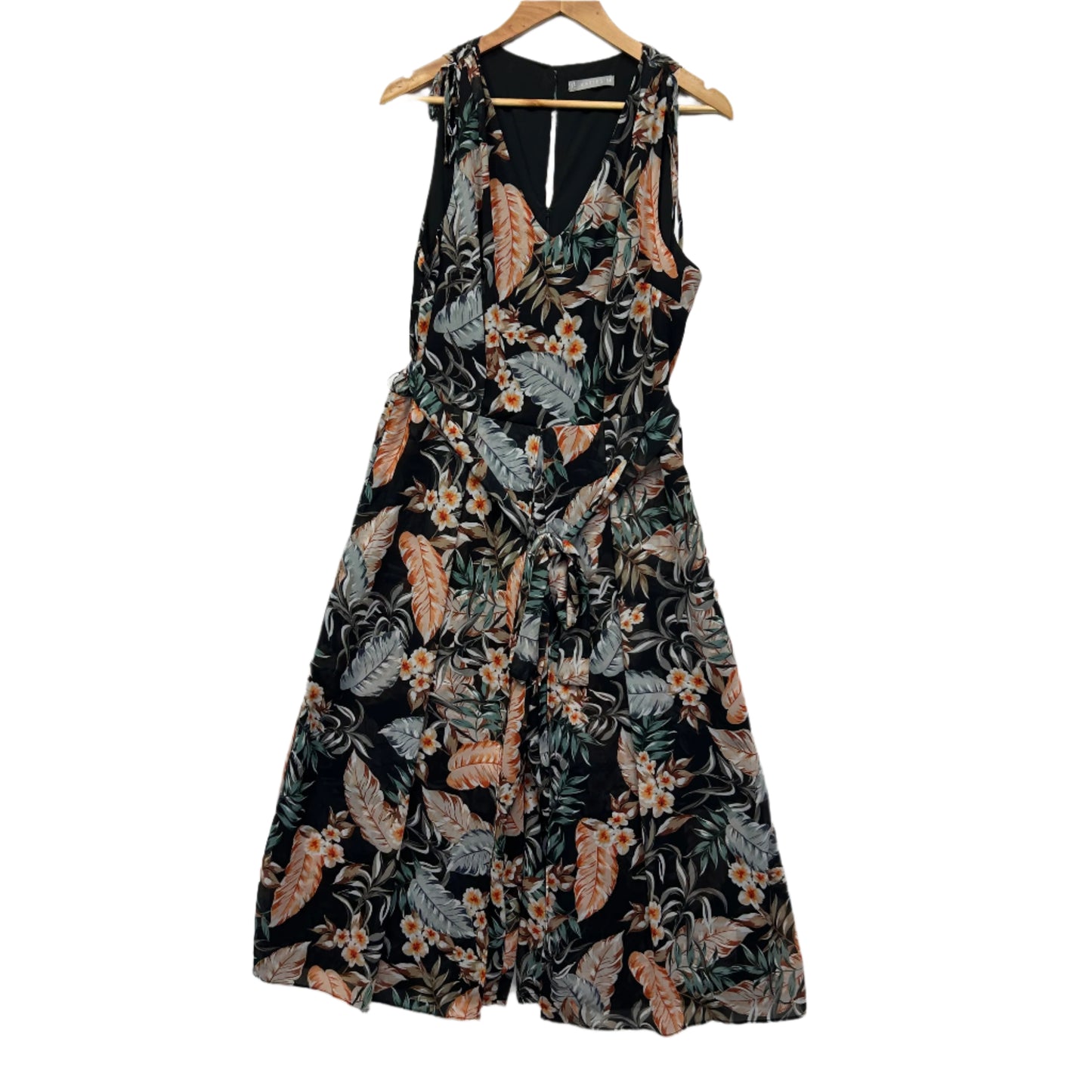 Katies Jumpsuit Size 14 Black Sleeveless Belted Floral
