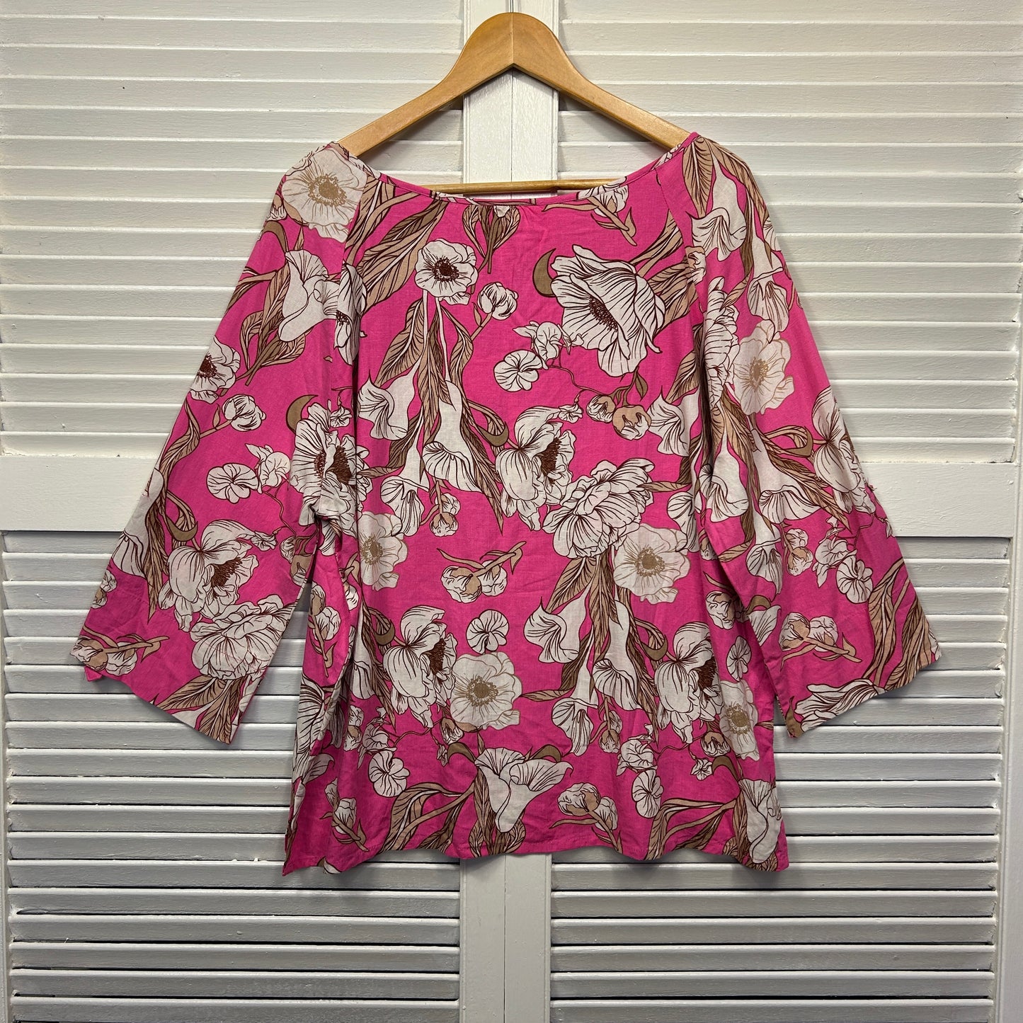 Noni B Linen Blend Top 18 Pink Floral Long Sleeve