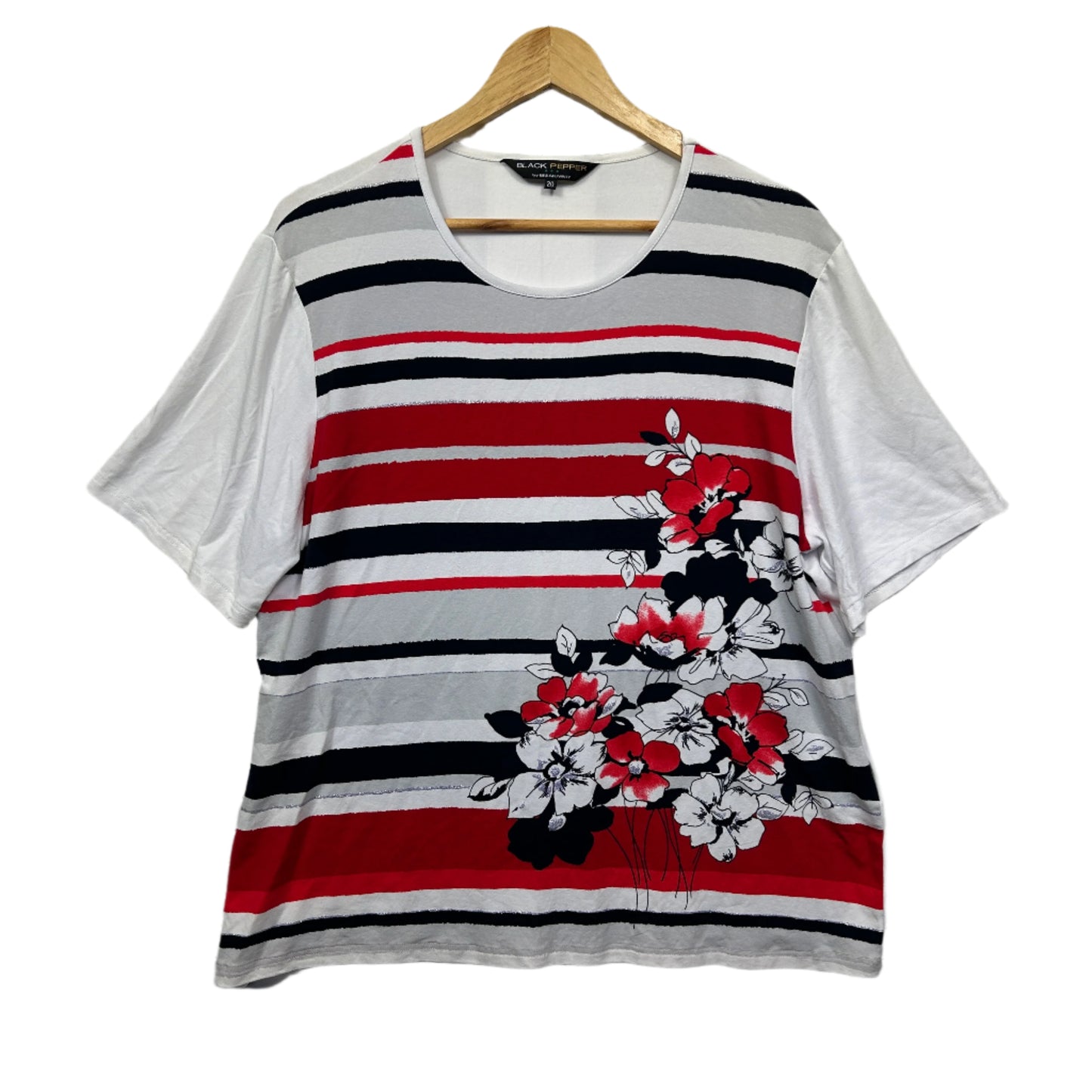 Black Pepper Top Size 20 White Short Sleeve Striped Floral