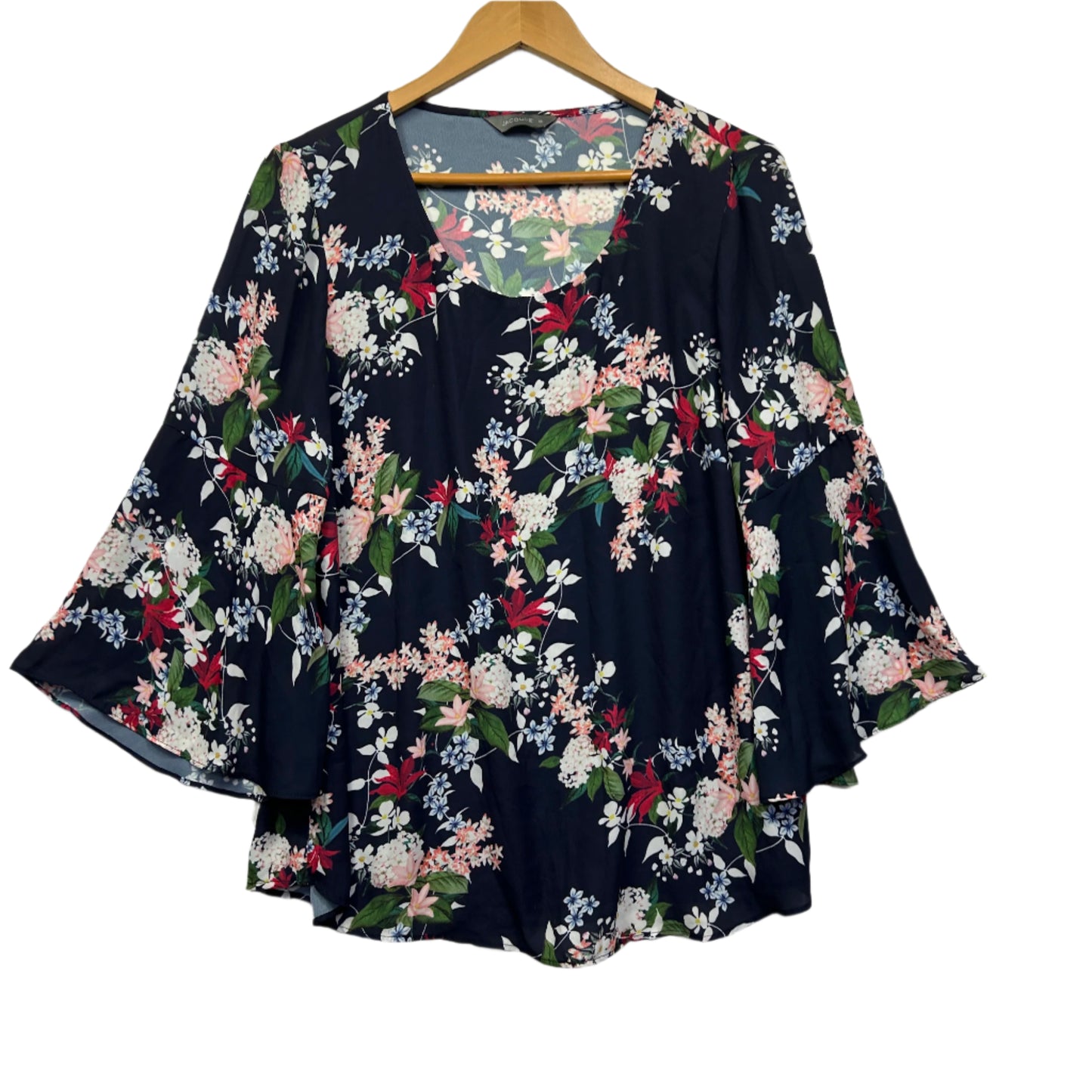 Jacqui E Top Size 16 Floral Long Bell Sleeve Multicoloured