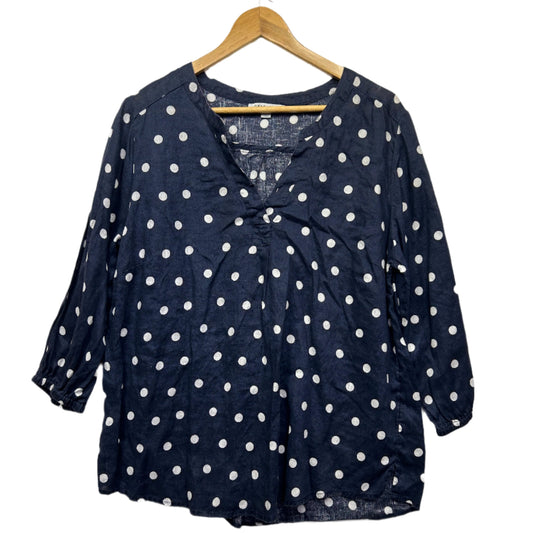 Suzanne Grae Linen Top Size 14 Navy White Polka Dots Long Sleeve