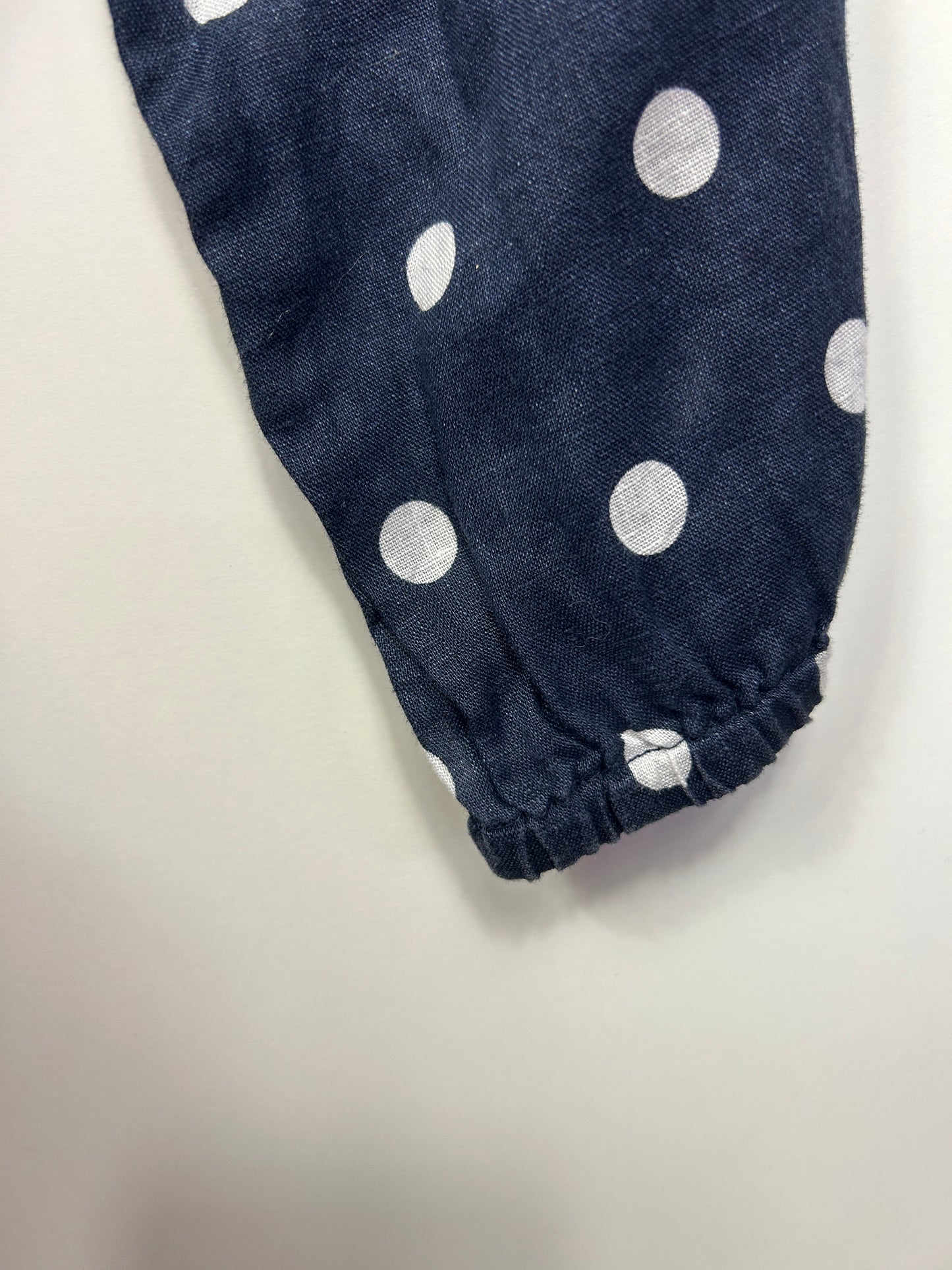 Suzanne Grae Linen Top Size 14 Navy White Polka Dots Long Sleeve