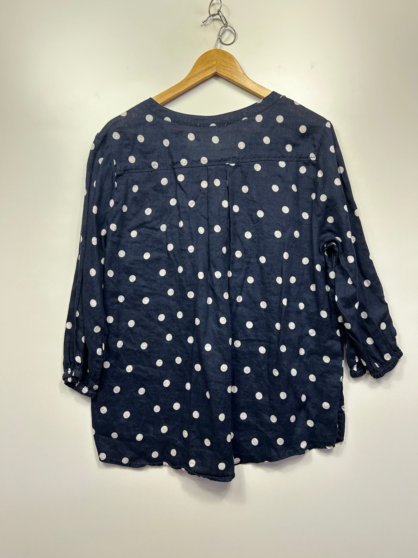 Suzanne Grae Linen Top Size 14 Navy White Polka Dots Long Sleeve