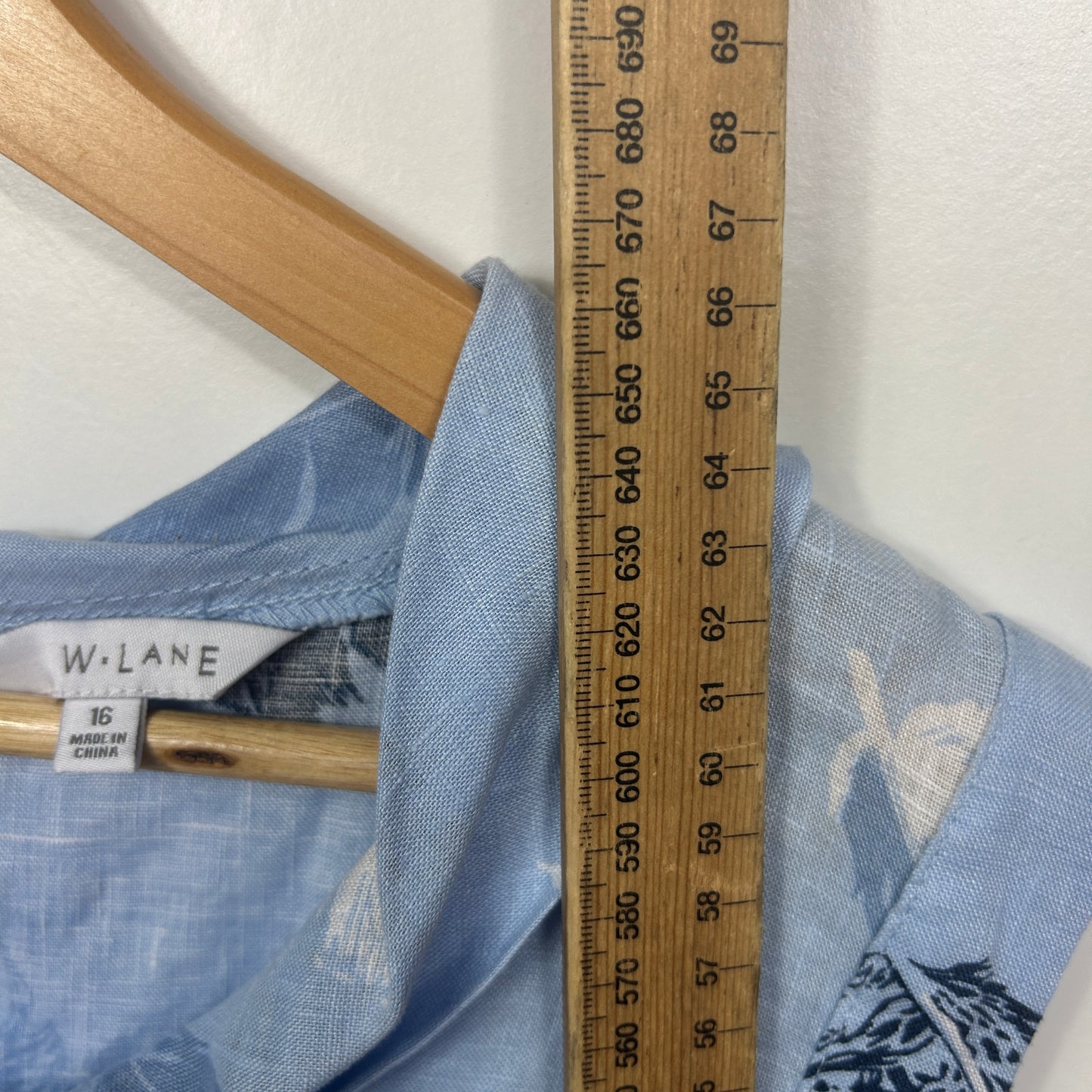 W Lane Blue Feather Print Linen Top - Size 16
