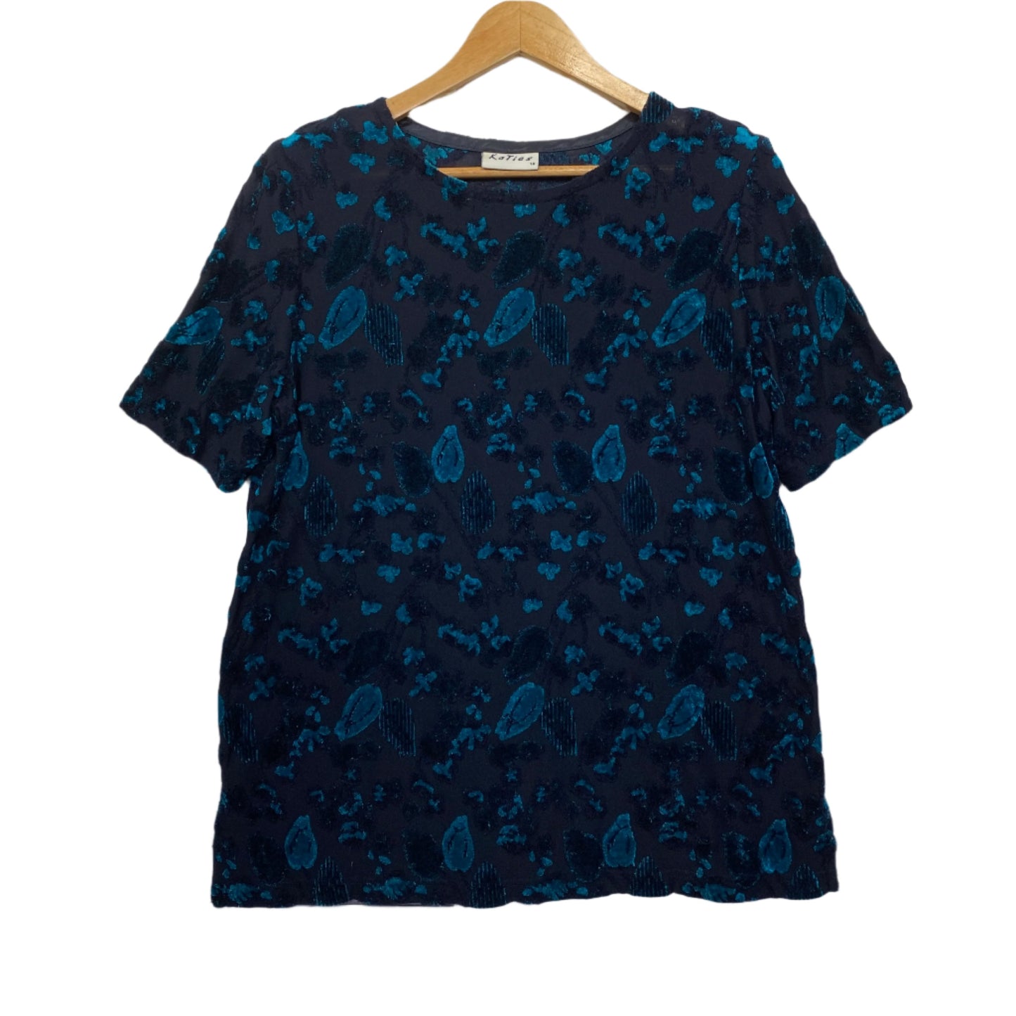 Vintage Katies Velvet Top Size 14 16 Black Blue Short Sleeve