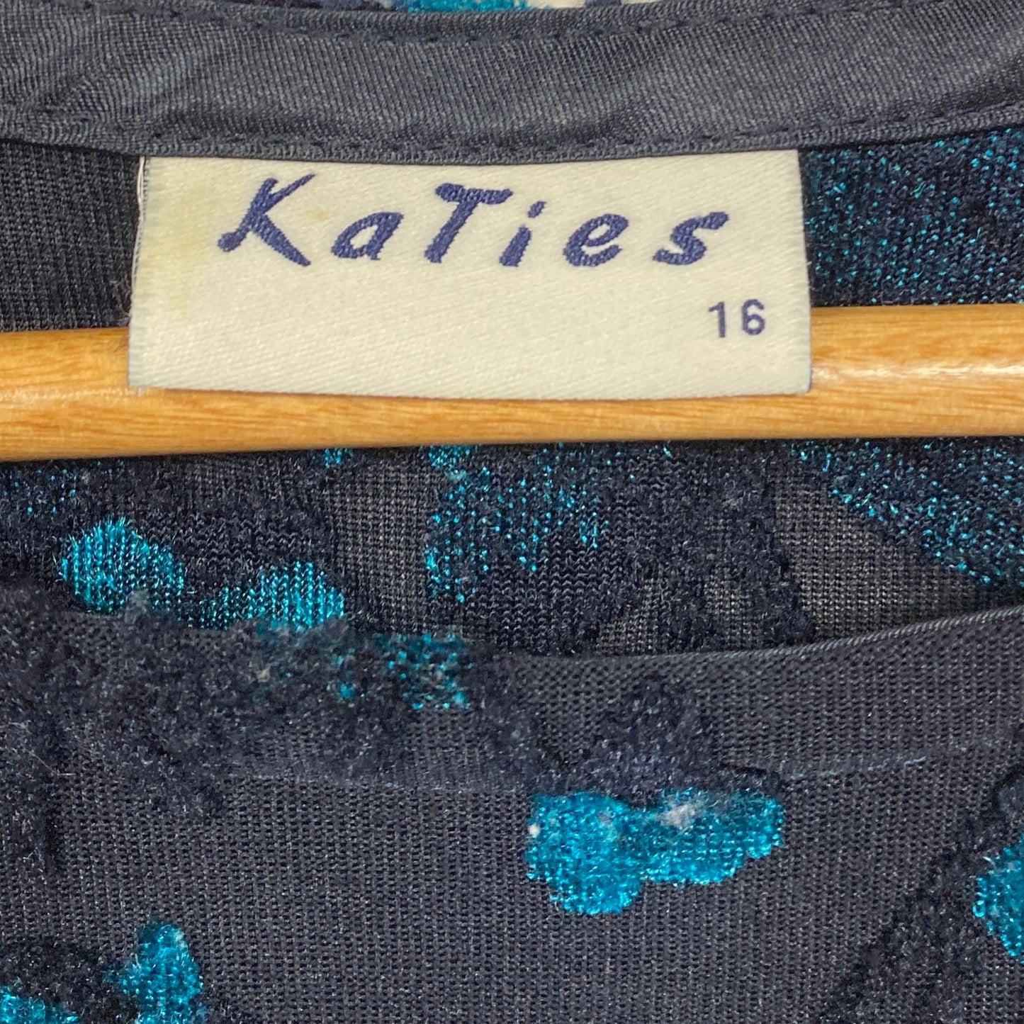 Vintage Katies Velvet Top Size 14 16 Black Blue Short Sleeve