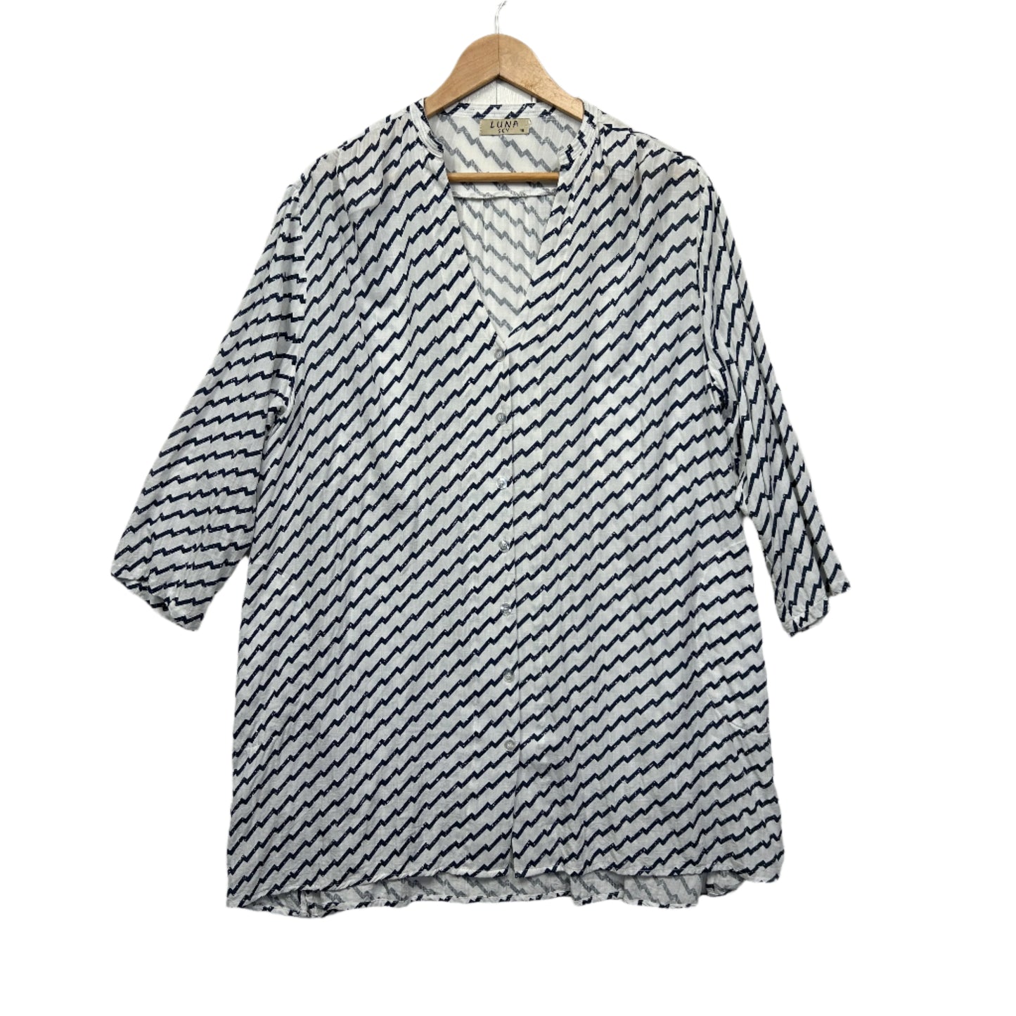 Luna Sky Top Size 16 Blue White Striped Long Sleeve Rayon