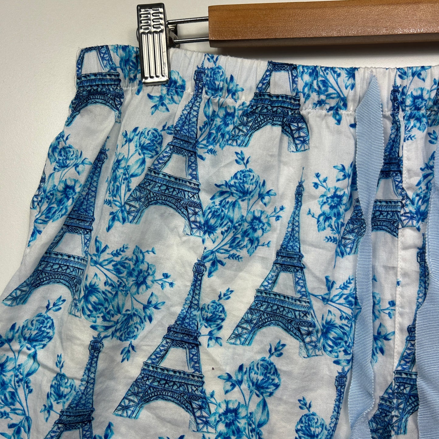 Peter Alexander PJ Shorts Size Large 14 Blue White Paris France Lace Trim