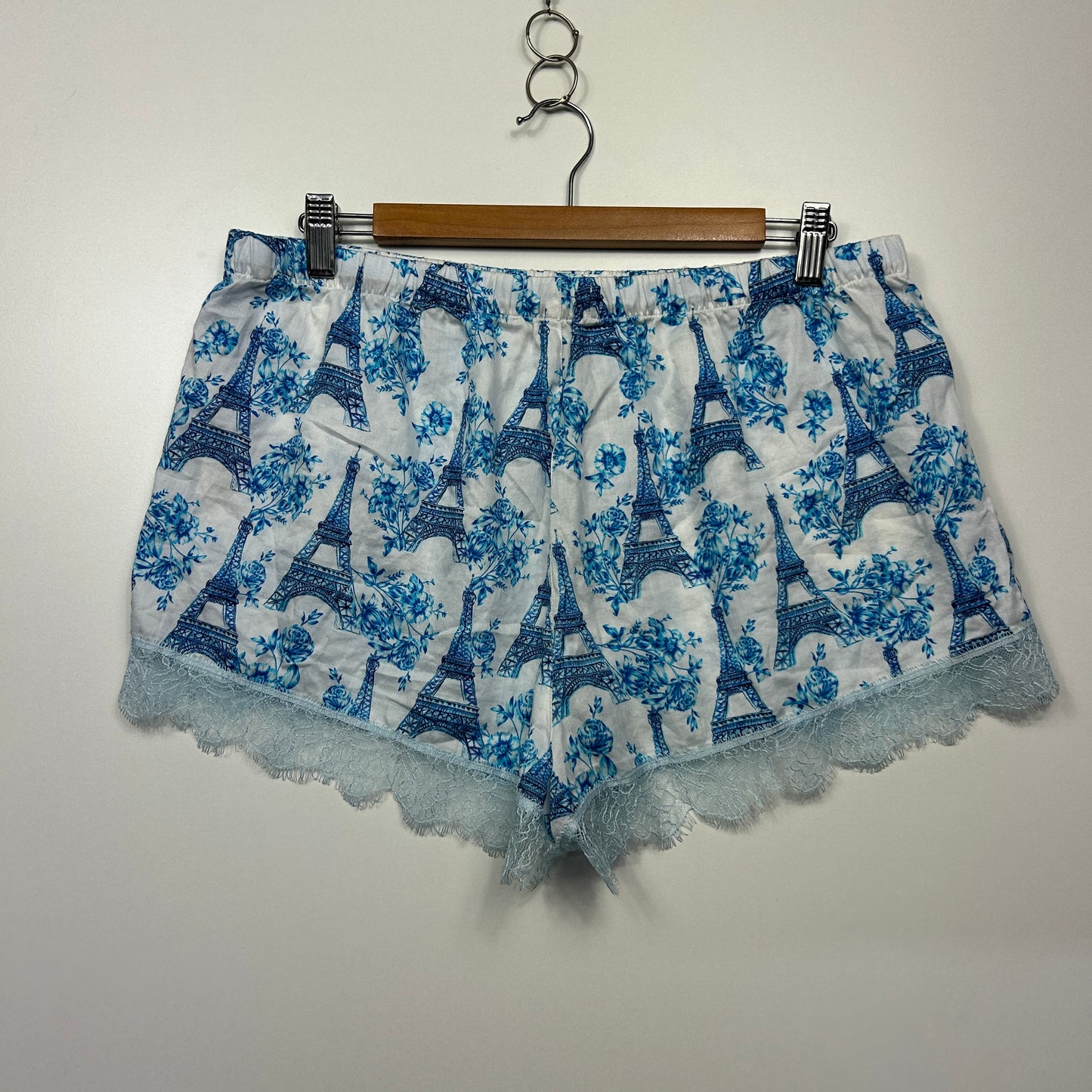 Peter Alexander PJ Shorts Size Large 14 Blue White Paris France Lace Trim
