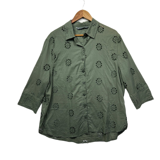 Katies Top Size 16 Olive Green Button Up 3/4 Sleeve