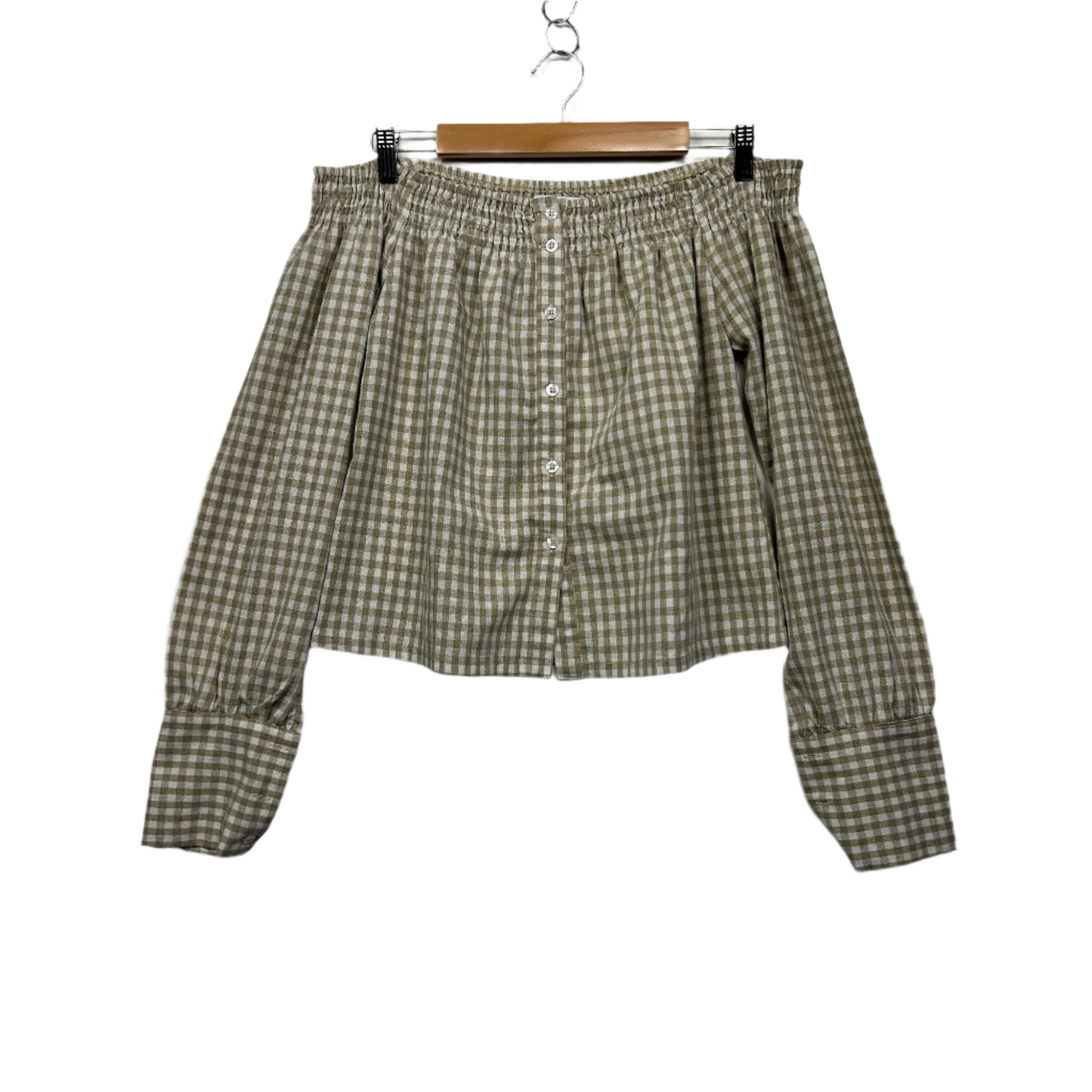 Toby Heart Ginger Linen Top Size 14 Large Gingham Check Off the Shoulder Long Sleeve