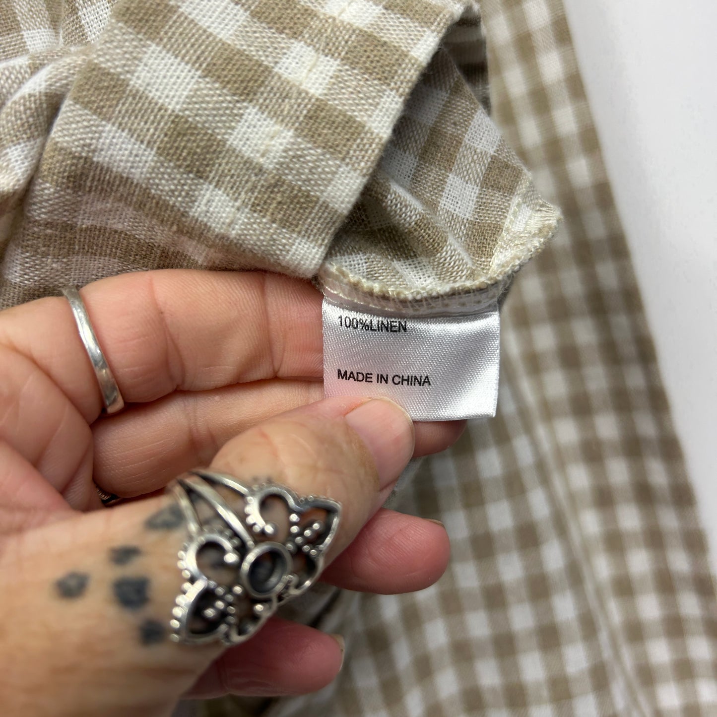 Toby Heart Ginger Linen Top Size 14 Large Gingham Check Off the Shoulder Long Sleeve