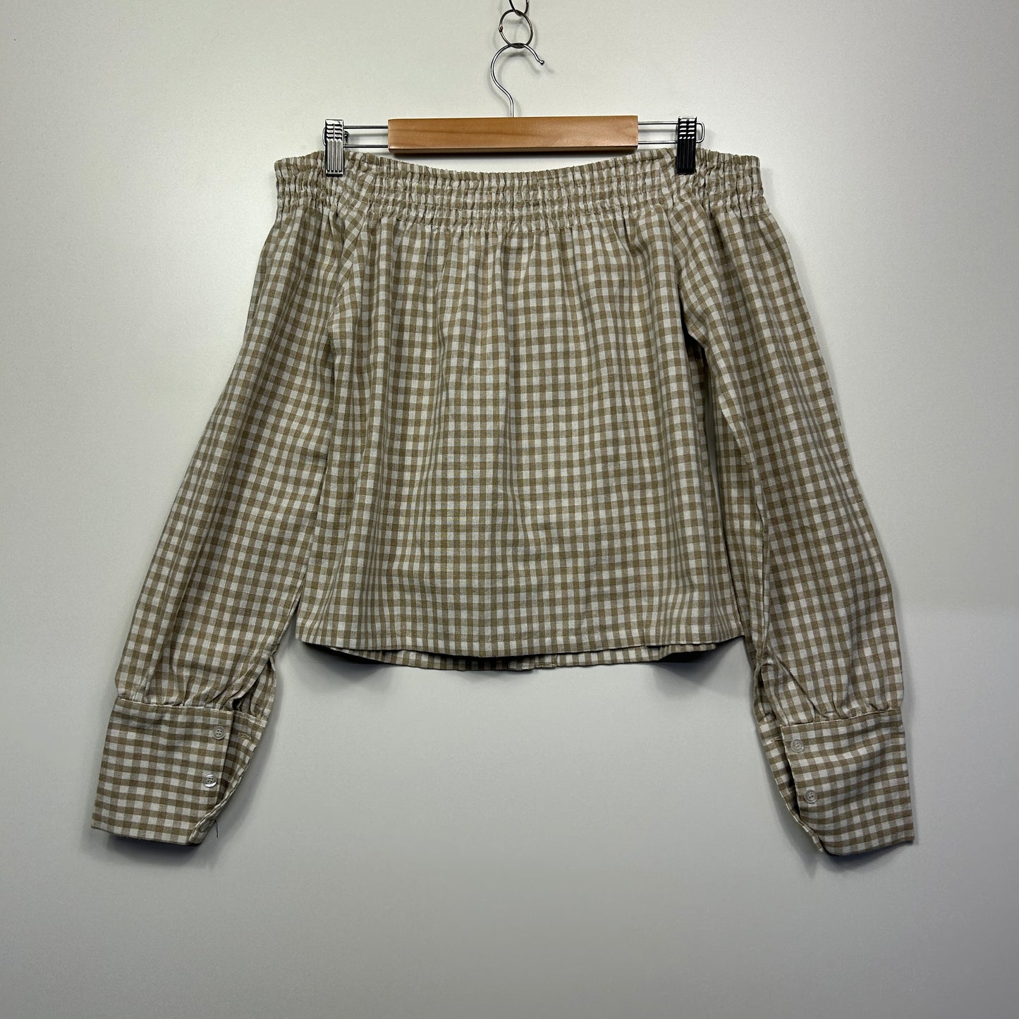 Toby Heart Ginger Linen Top Size 14 Large Gingham Check Off the Shoulder Long Sleeve