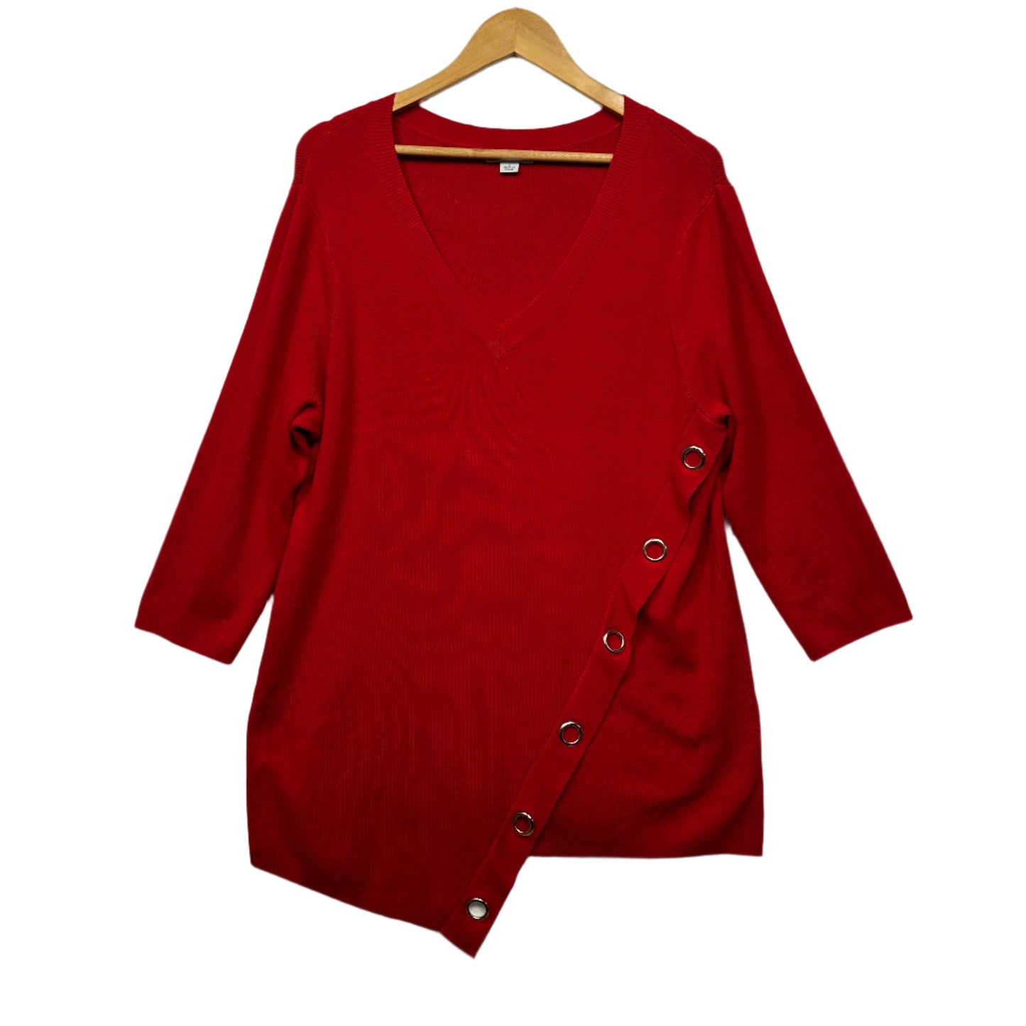 Rockmans Top Size 14 Larger Red Long Sleeve Asymmetric Hem