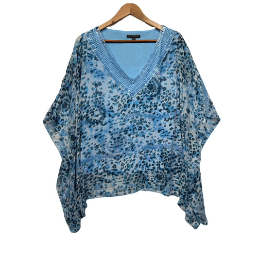 Liz Jordan Tunic Top Size 14 Blue Crochet Trim Sheer Overlay