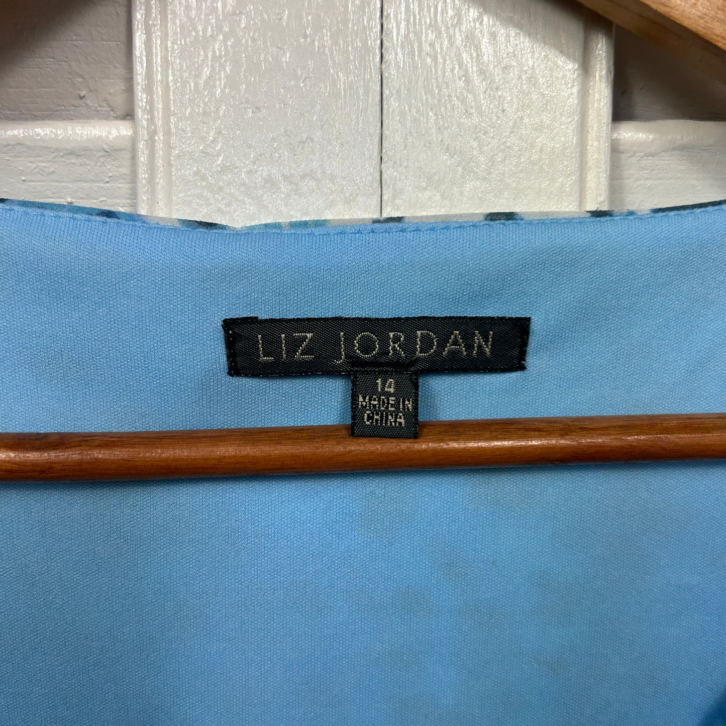 Liz Jordan Tunic Top Size 14 Blue Crochet Trim Sheer Overlay